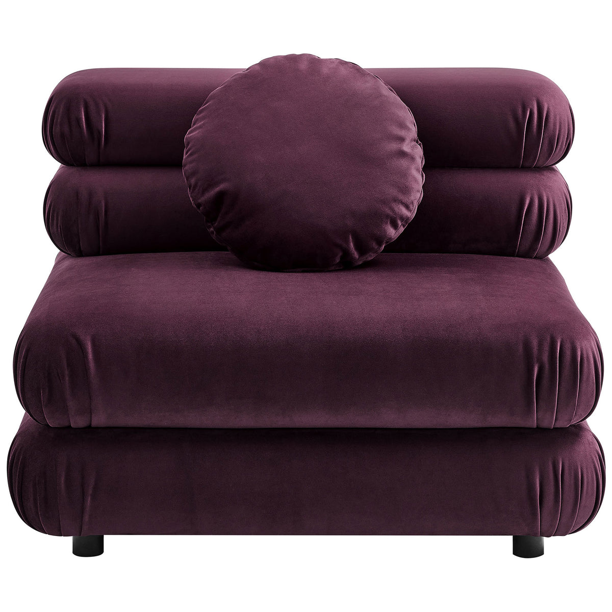 Armless modular chair in rich mulberry velvet with layered tufted cushions and matching round pillow || EEI-6896-MUL || front_studio