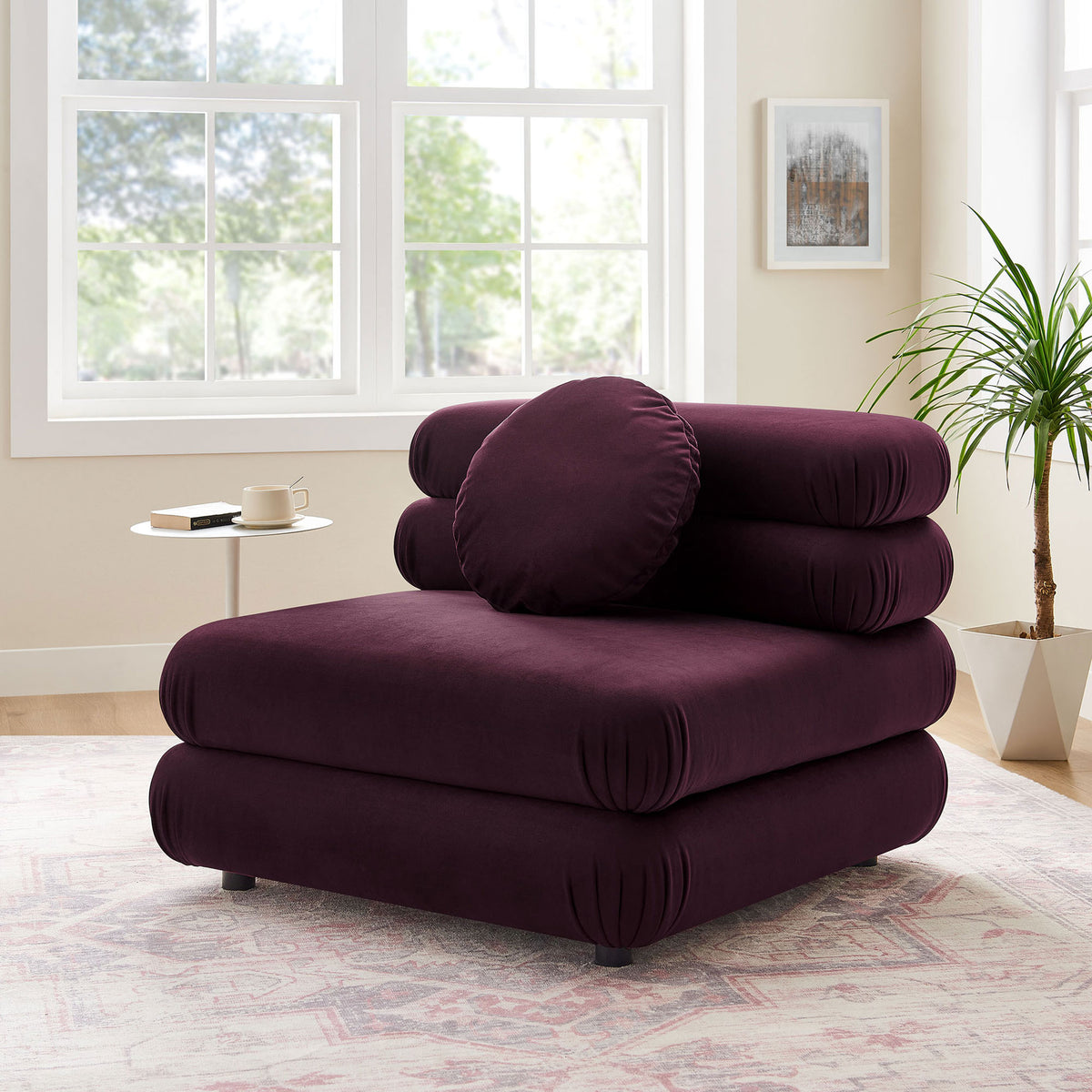 Mulberry velvet chair elevates modern decor with its rounded tiers and included round pillow || EEI-6896-MUL || front_angle_room