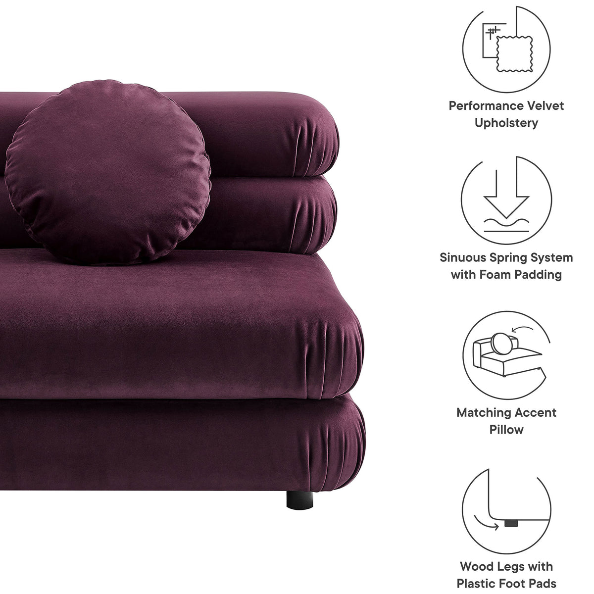 Key features include performance velvet, supportive cushioning, matching pillow, and floor-safe pads || EEI-6896-MUL || callout_studio