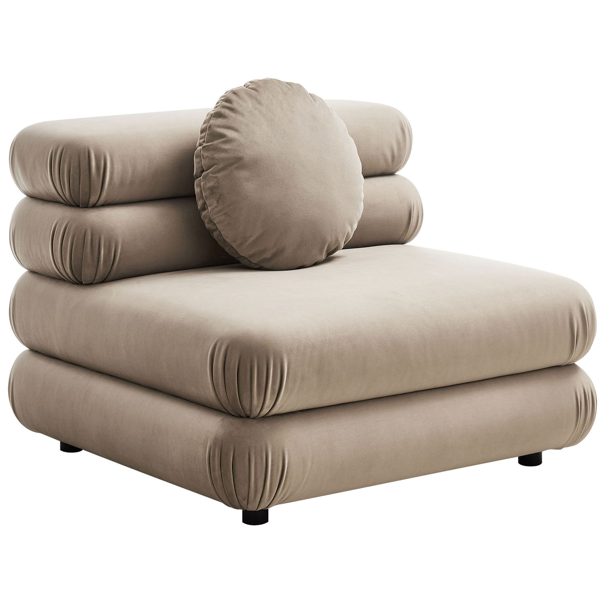 Rounded, stacked cushions and soft taupe velvet bring cozy style to this modular armless chair. || EEI-6896-TAU || front_angle_studio
