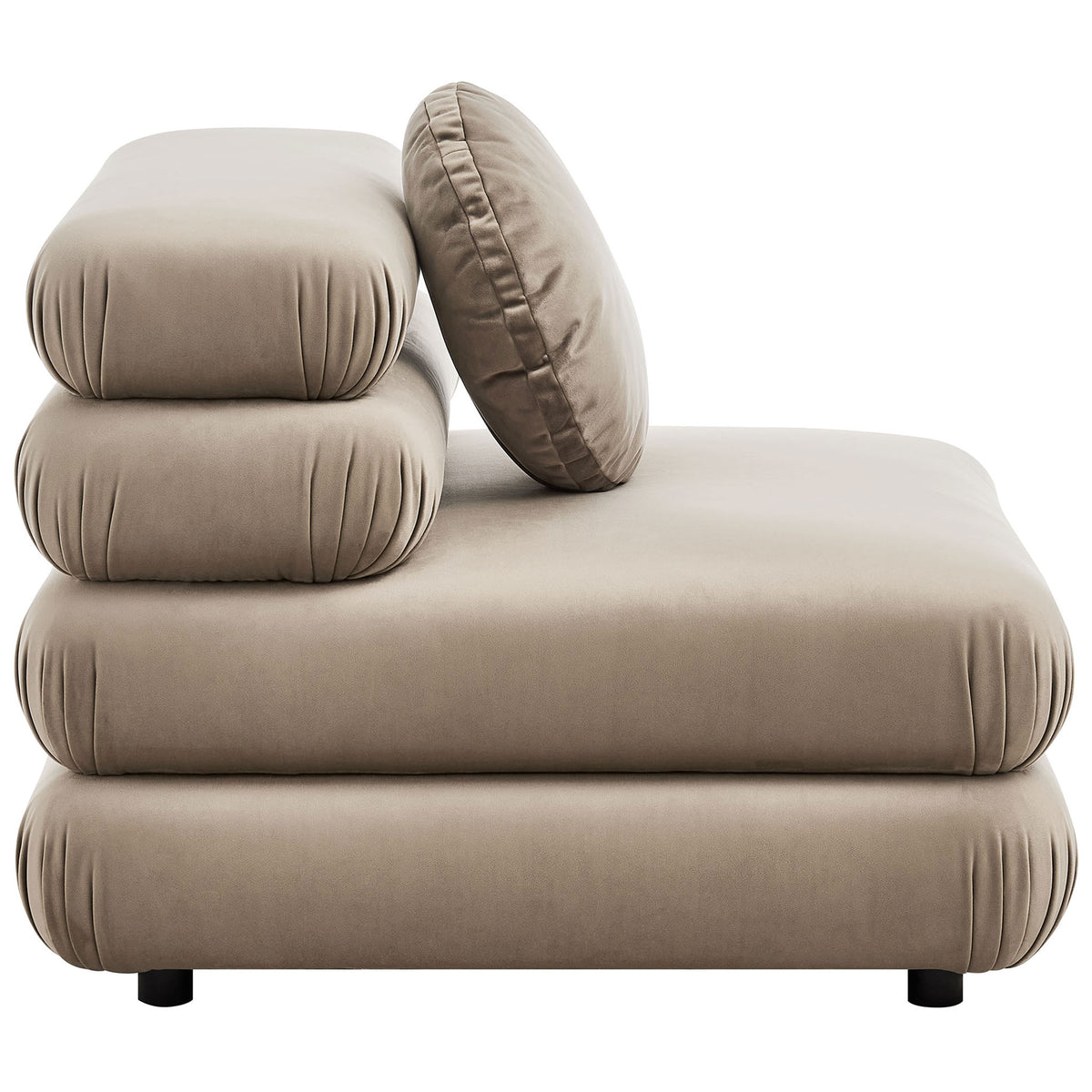 Sculpted profile showcases three layered back cushions and deep seat in stain-resistant velvet. || EEI-6896-TAU || side_studio