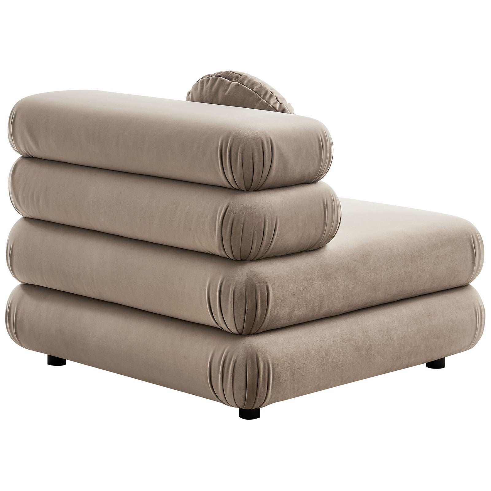 Plush, gently tufted back rolls and rounded edges create a retro silhouette in durable velvet. || EEI-6896-TAU || back_angle_studio