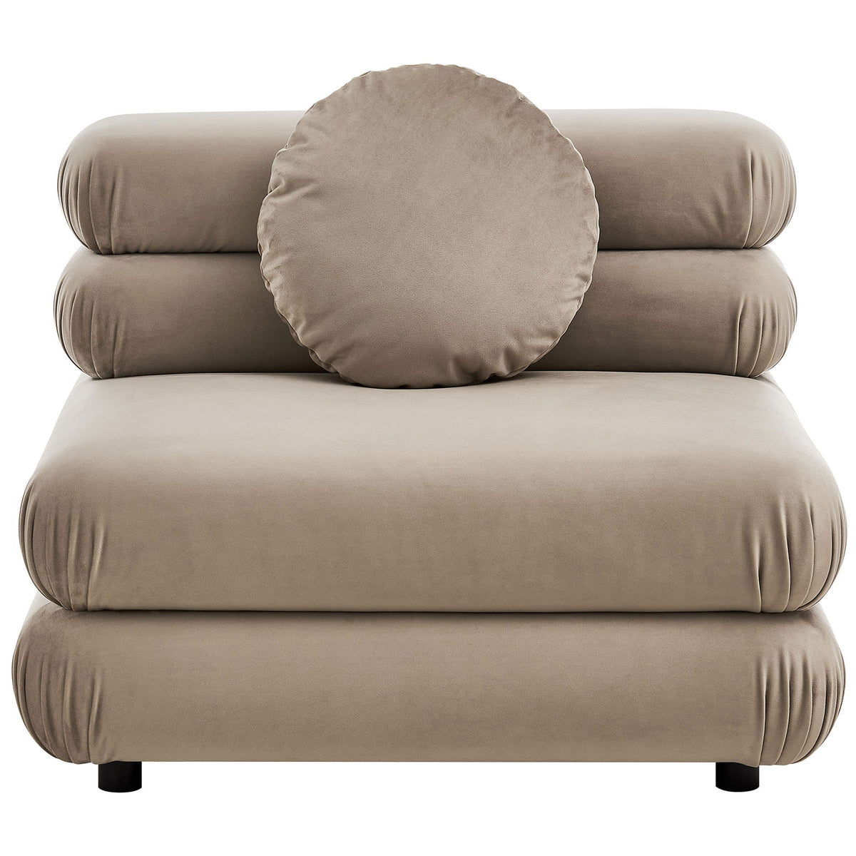 Taupe performance velvet armless chair with plush layered cushions and matching round pillow. || EEI-6896-TAU || front_studio