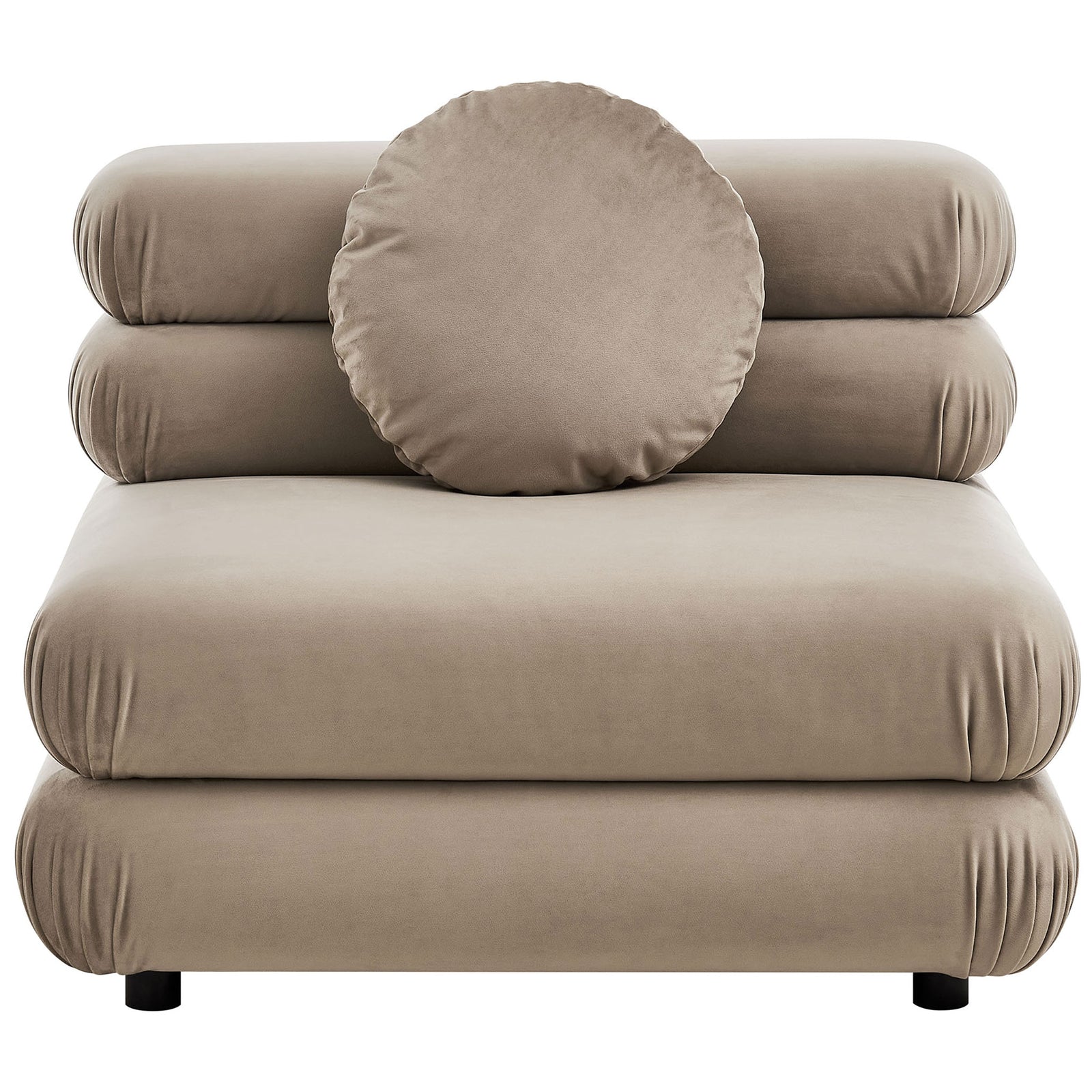 Taupe performance velvet armless chair with plush layered cushions and matching round pillow. || EEI-6896-TAU || front_studio