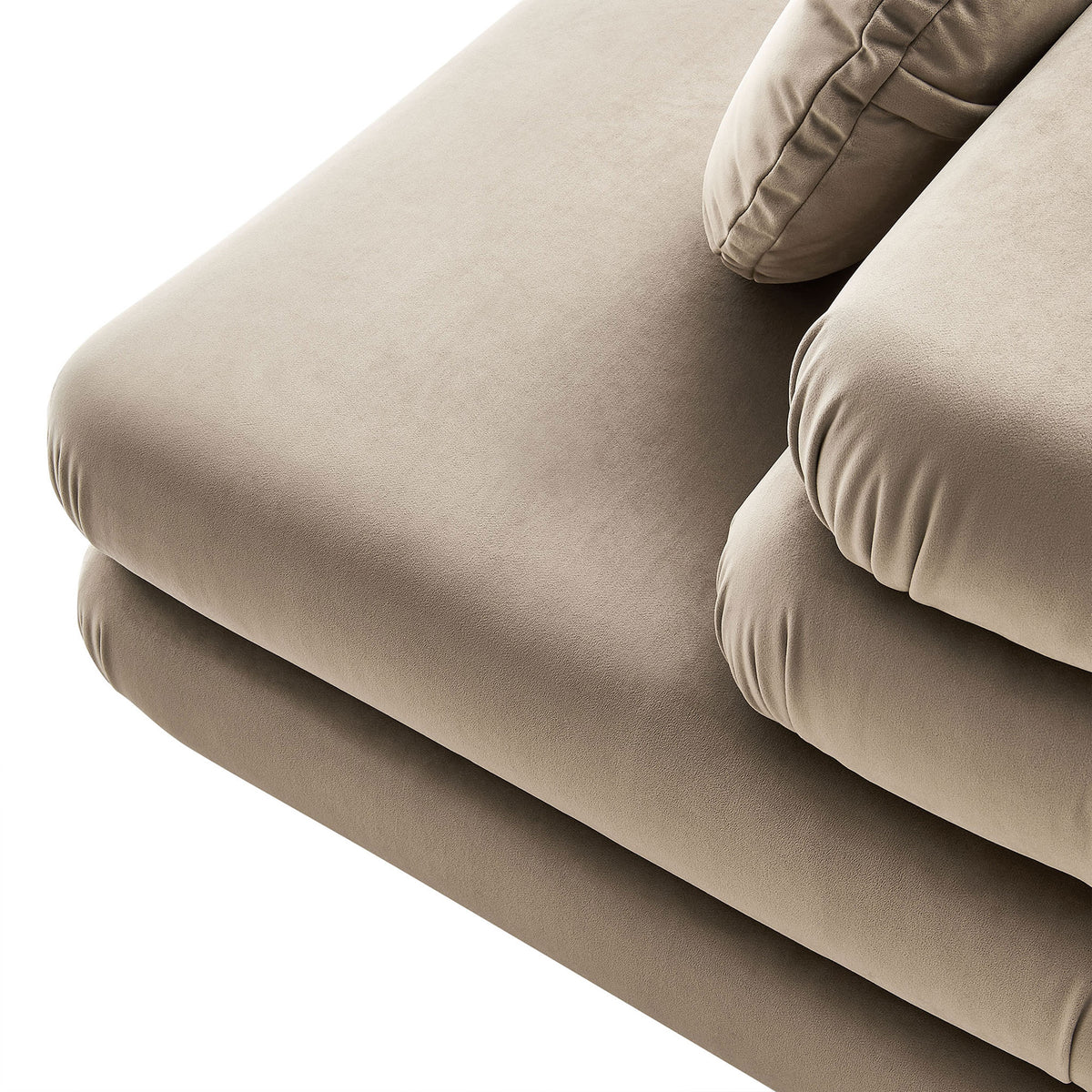 Smooth performance velvet with dense foam padding and tailored ruching at the seams. || EEI-6896-TAU || detail_studio