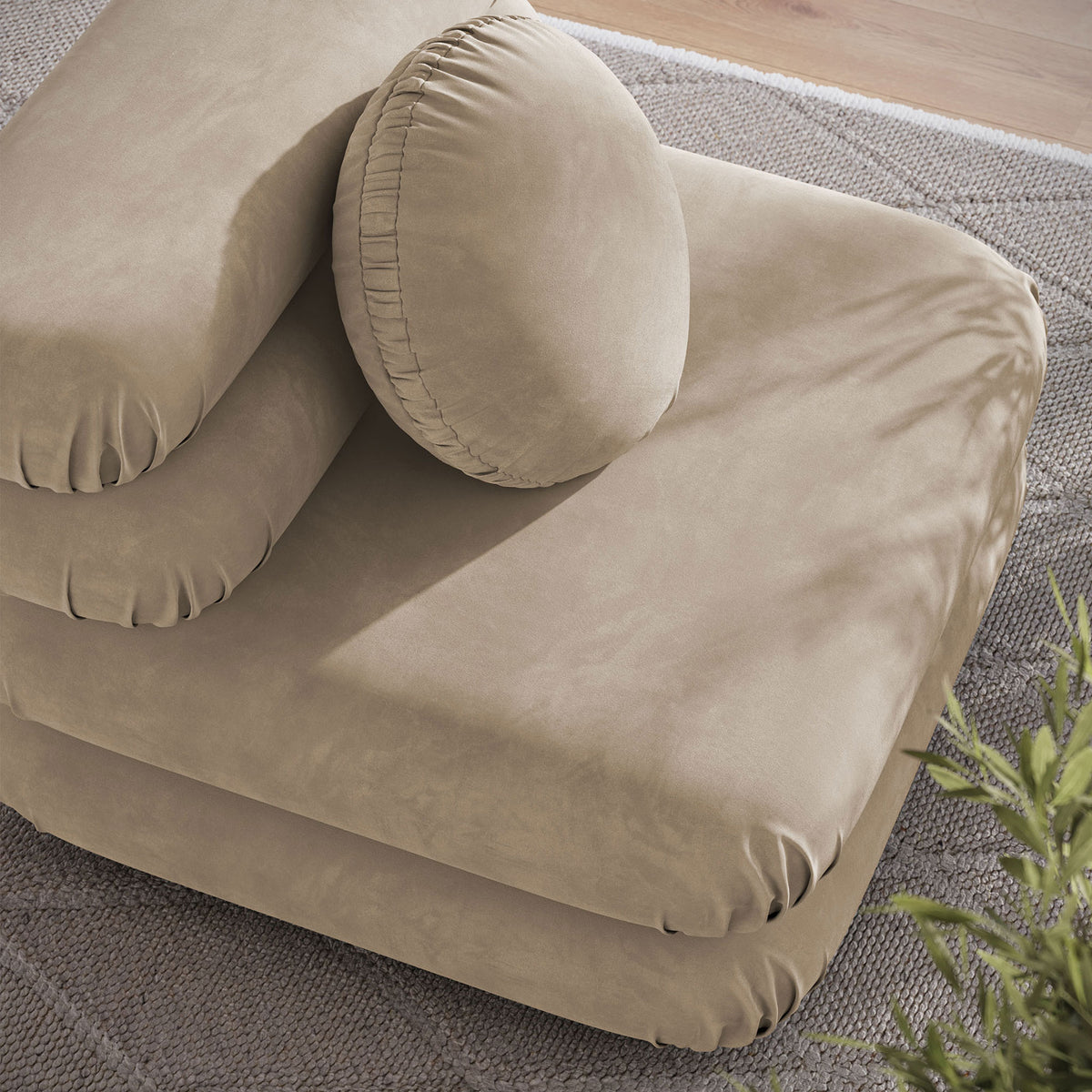 Velvety texture and rounded tufting add dimension, complemented by the 18 in round pillow. || EEI-6896-TAU || detail_room