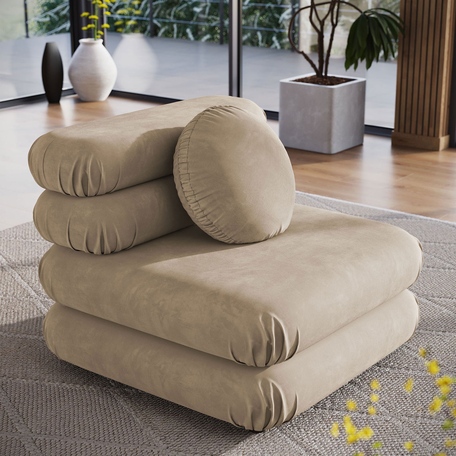 Cozy armless lounge chair in taupe velvet with rounded bolsters and deep, cushioned seat. || EEI-6896-TAU || front_angle_room