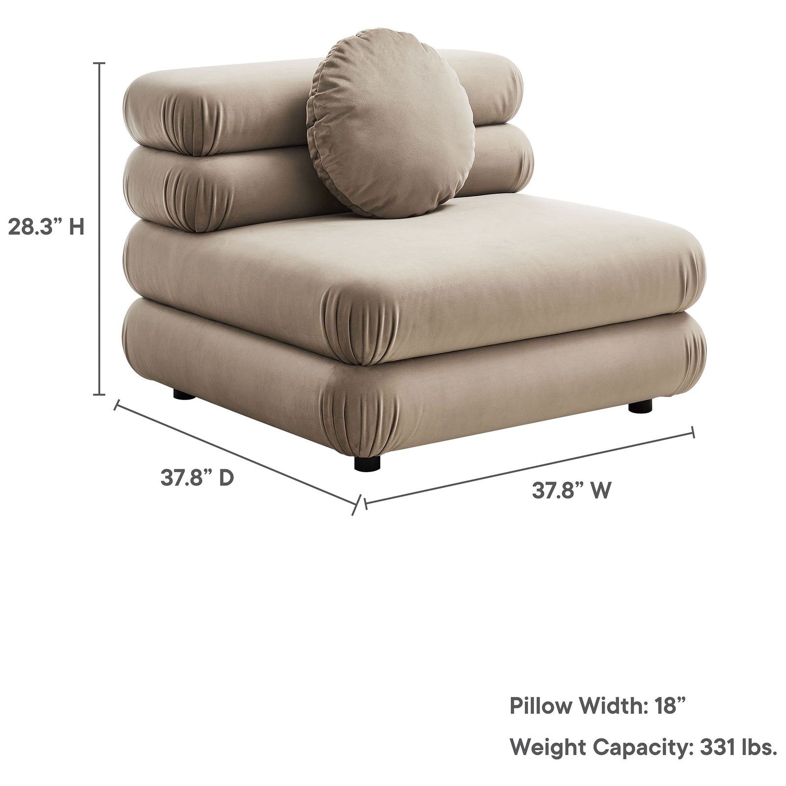 Measures 37.8 in W x 37.8 in D x 28.3 in H with 18 in round pillow; weight capacity 331 lb. || EEI-6896-TAU || dimension_studio