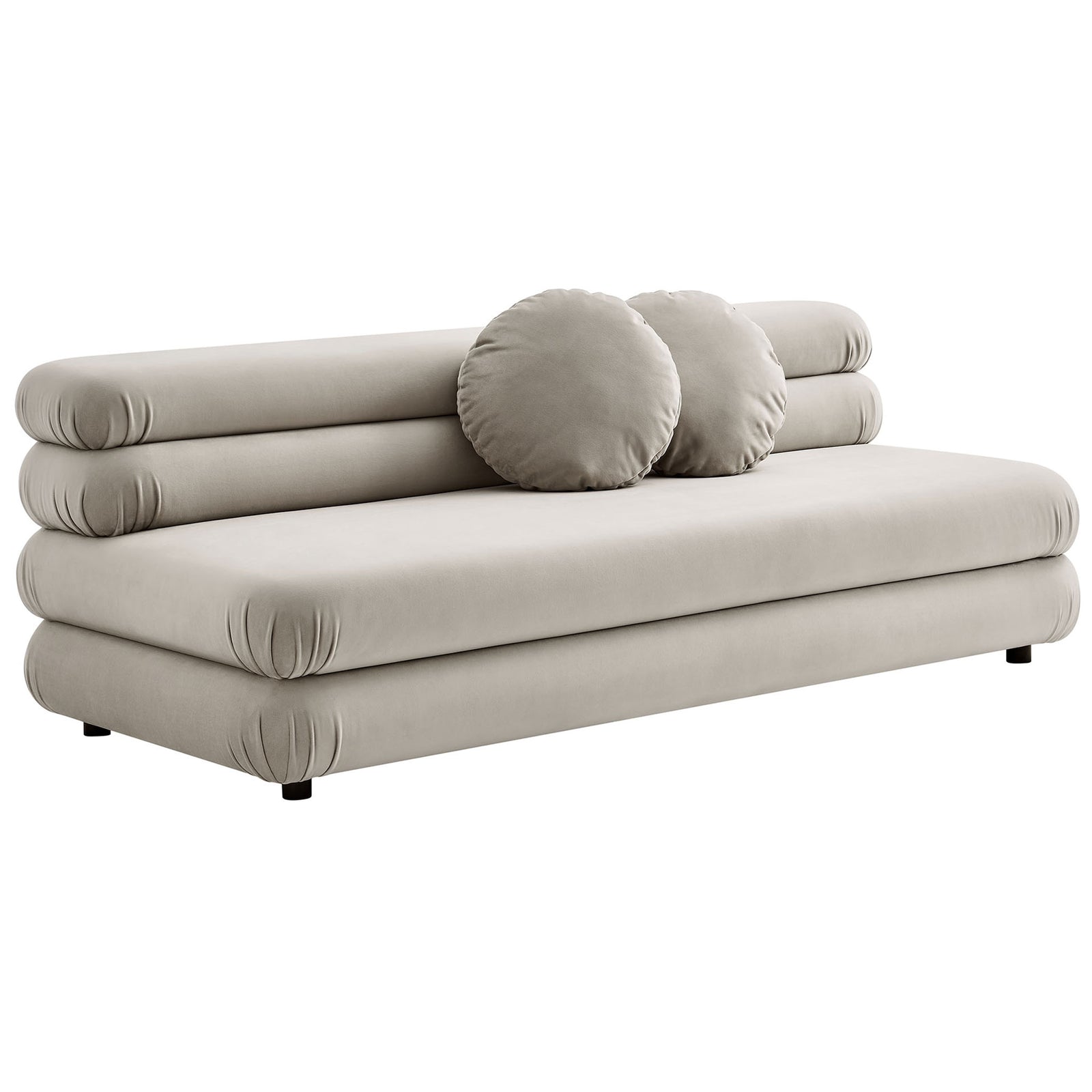 Almond velvet Jubilee armless loveseat with layered tubular cushions and two plush round pillows || EEI-6897-ALM || front_angle_studio