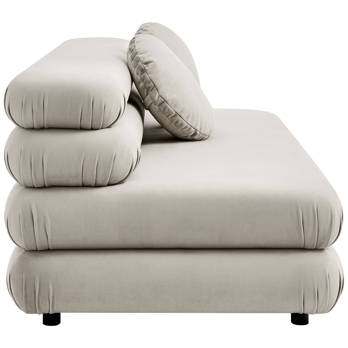 Deep-seat Jubilee loveseat in almond performance velvet with three stacked bolster cushions and round pillow || EEI-6897-ALM || side_studio