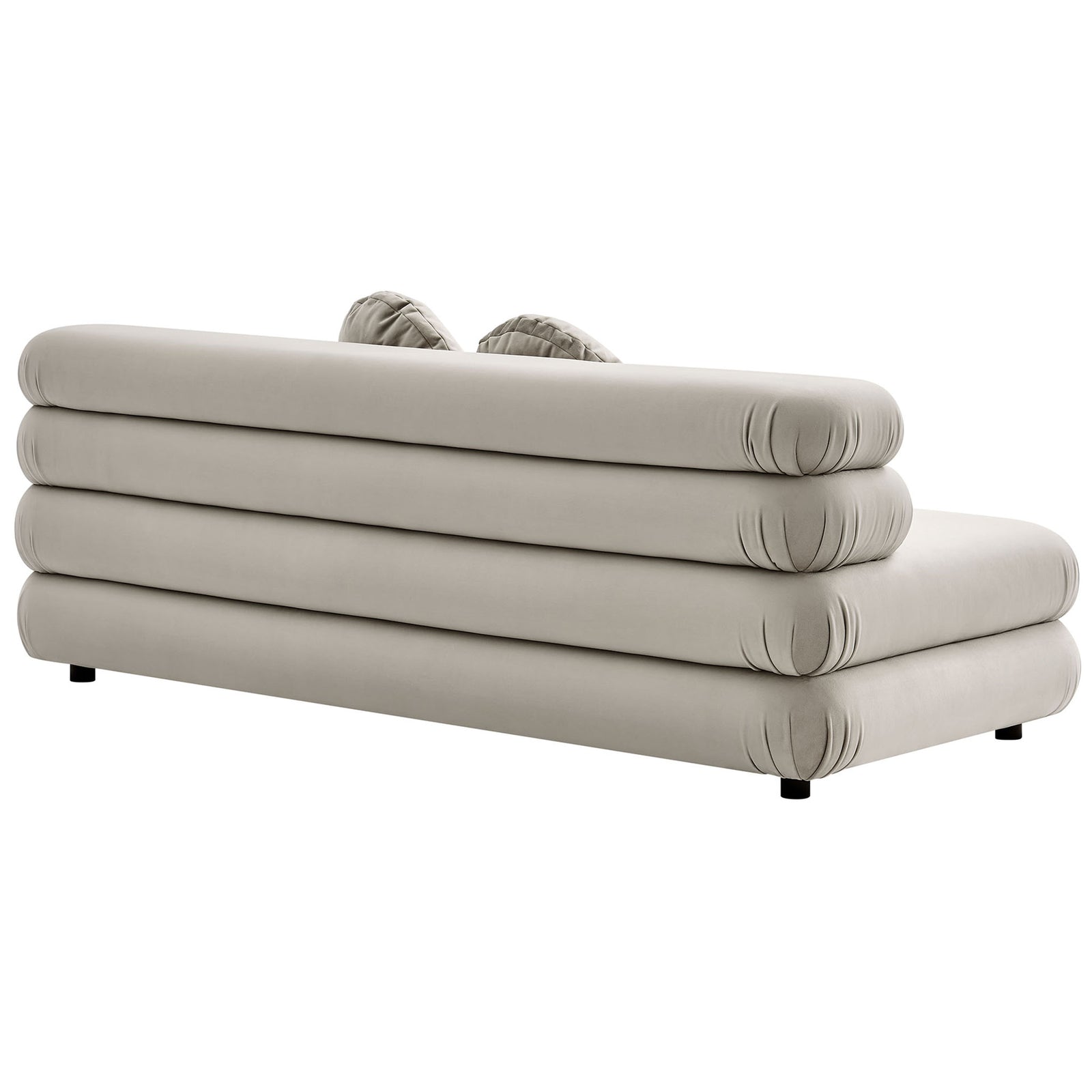 Smooth upholstered back and tubular silhouette of the almond Jubilee modular armless velvet loveseat || EEI-6897-ALM || back_angle_studio
