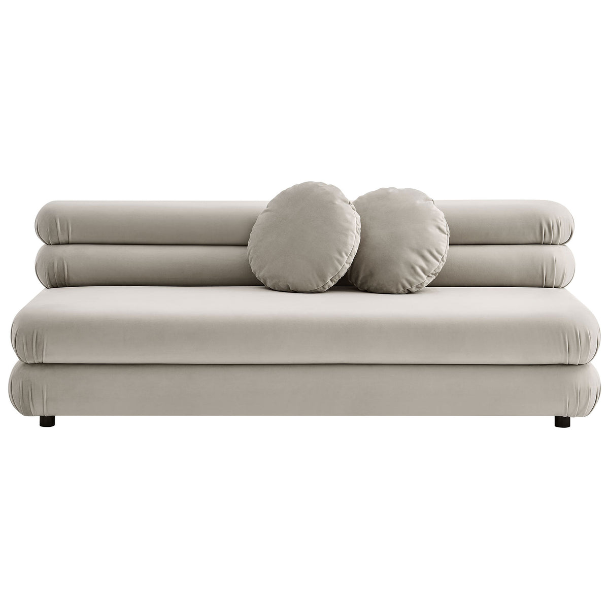 Spacious almond velvet Jubilee armless loveseat with extra-wide seat and two matching round accent pillows || EEI-6897-ALM || front_studio