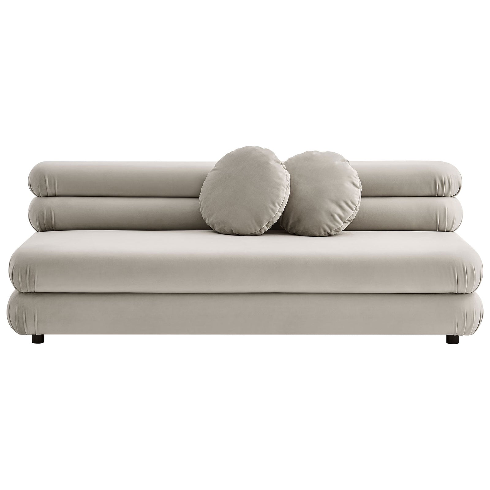 Spacious almond velvet Jubilee armless loveseat with extra-wide seat and two matching round accent pillows || EEI-6897-ALM || front_studio