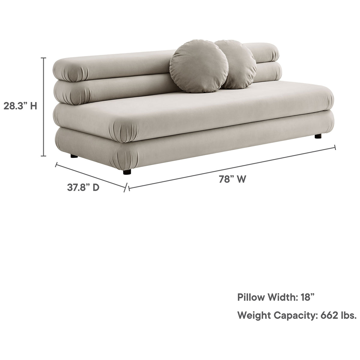 Dimensions of the Jubilee almond velvet armless loveseat with 78 inch width, 37.8 inch depth, 28.3 inch height || EEI-6897-ALM || dimension_studio