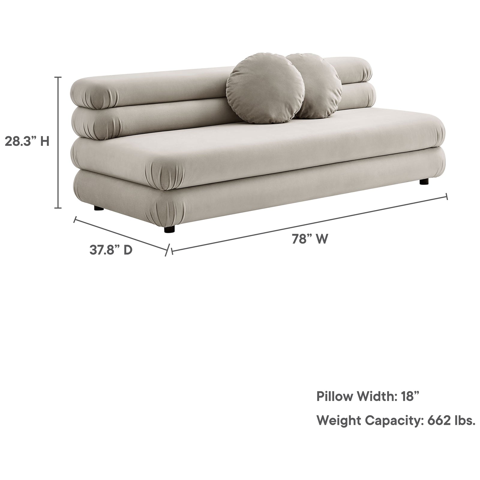 Dimensions of the Jubilee almond velvet armless loveseat with 78 inch width, 37.8 inch depth, 28.3 inch height || EEI-6897-ALM || dimension_studio