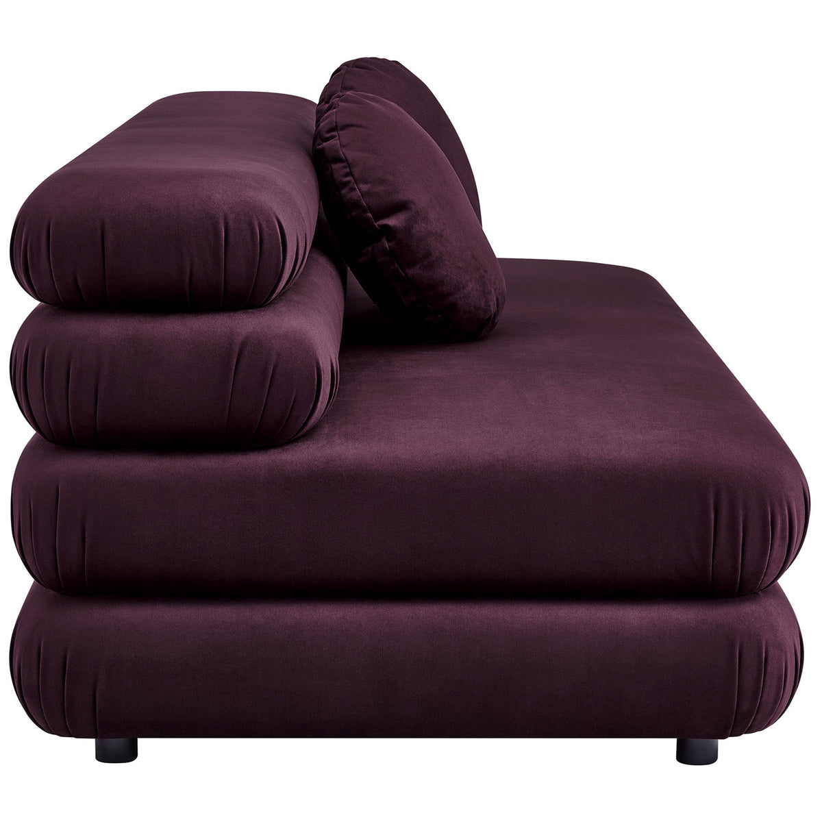 Low profile mulberry velvet loveseat with rounded stacked cushions and crisp tailored seams || EEI-6897-MUL || side_studio