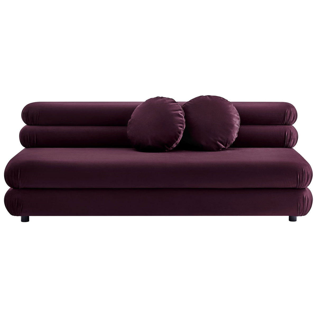 Mulberry velvet modular armless loveseat with layered tufted cushions and round pillows || EEI-6897-MUL || front_studio