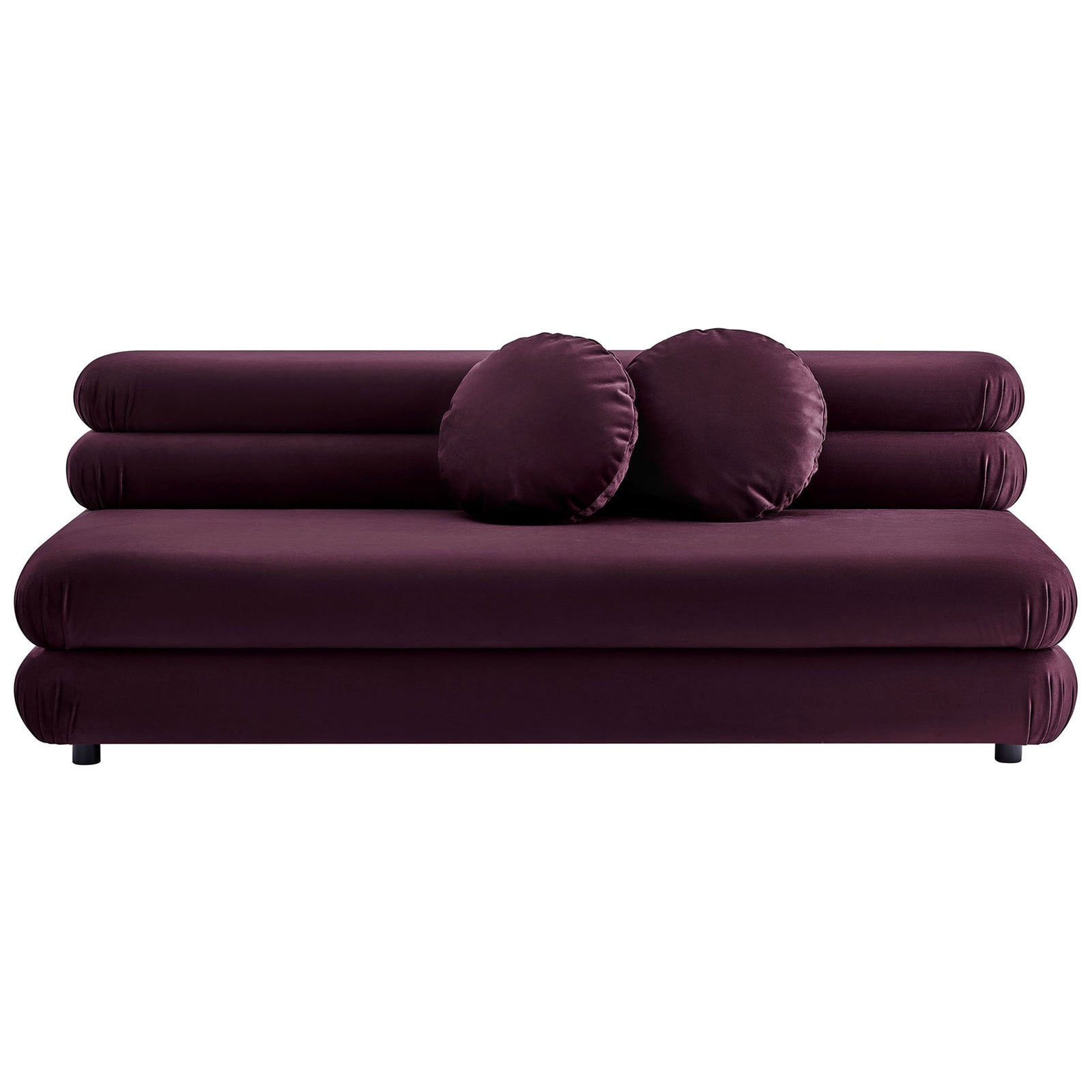 Mulberry velvet modular armless loveseat with layered tufted cushions and round pillows || EEI-6897-MUL || front_studio