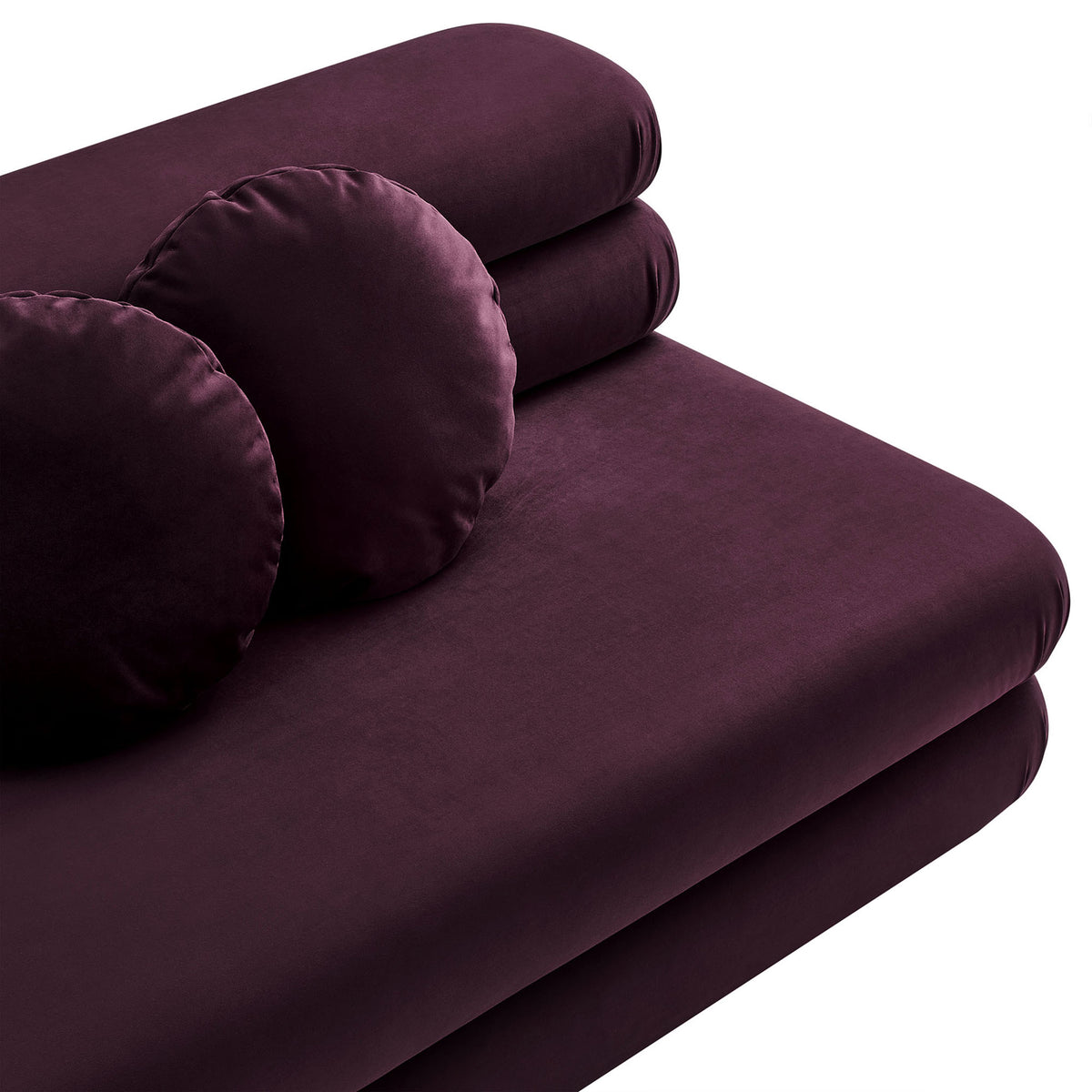 Mulberry performance velvet upholstery with generous seat surface and two matching round pillows || EEI-6897-MUL || detail_studio