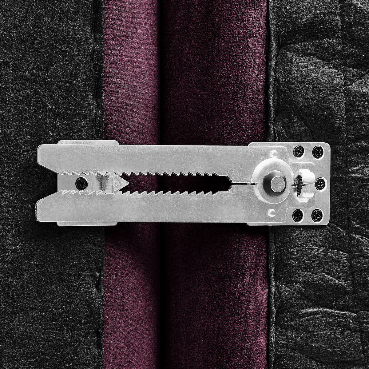 Metal alligator clamp connector mounted under mulberry velvet loveseat for secure modular linking || EEI-6897-MUL || detail_studio