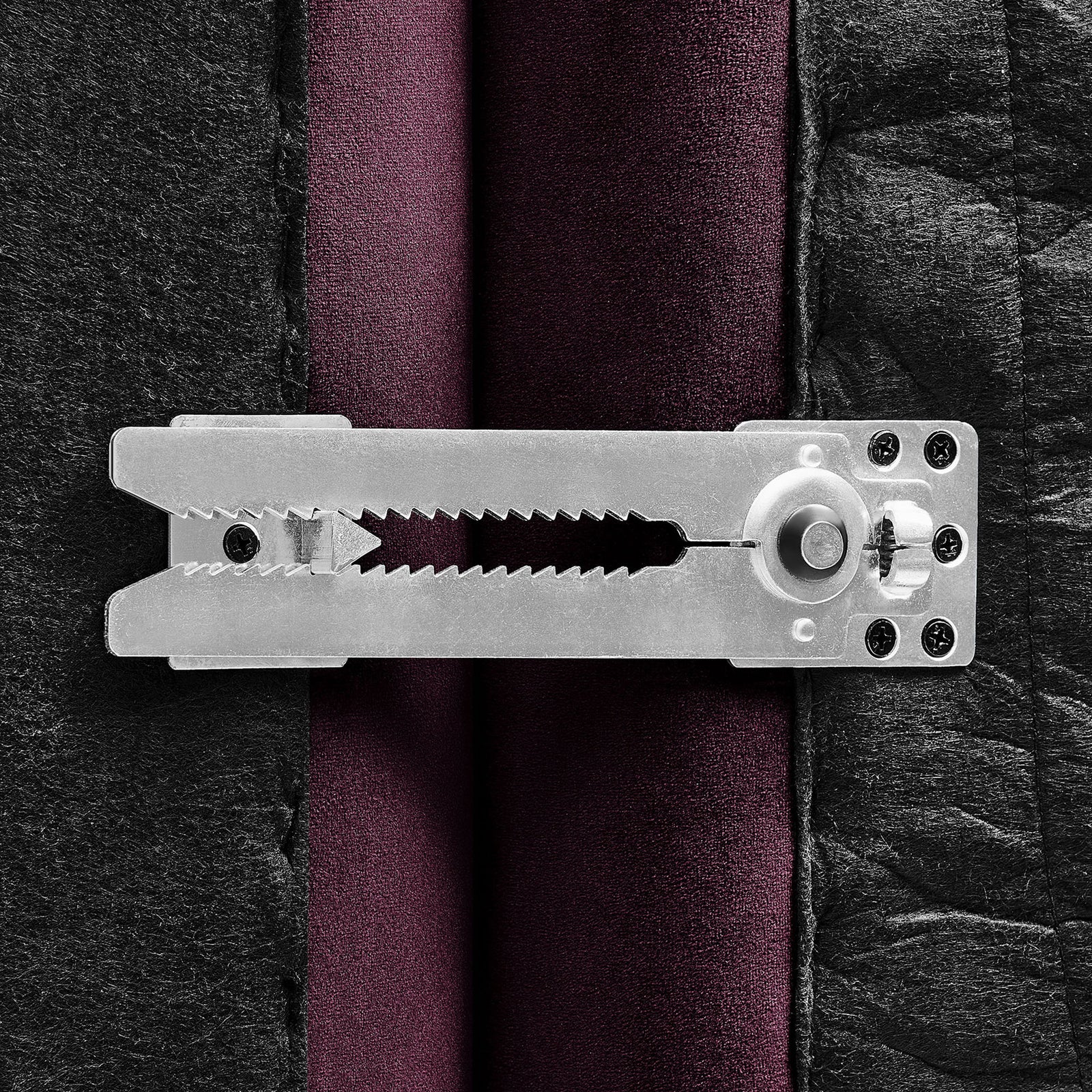 Metal alligator clamp connector mounted under mulberry velvet loveseat for secure modular linking || EEI-6897-MUL || detail_studio