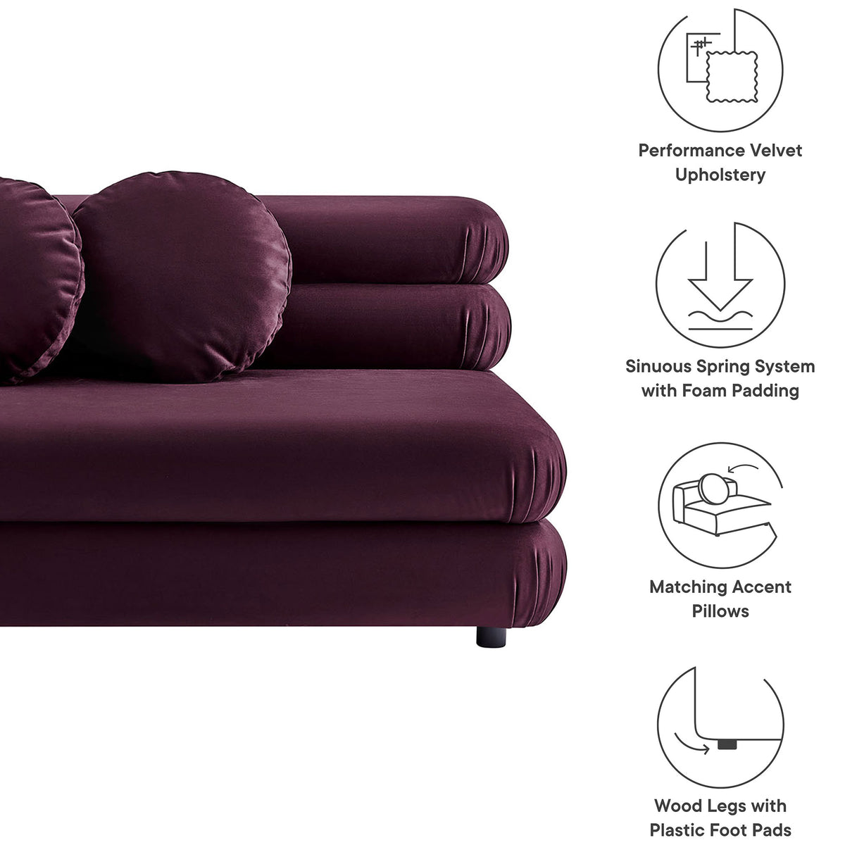 Mulberry velvet loveseat details with icons highlighting upholstery springs pillows and wood legs || EEI-6897-MUL || callout_studio