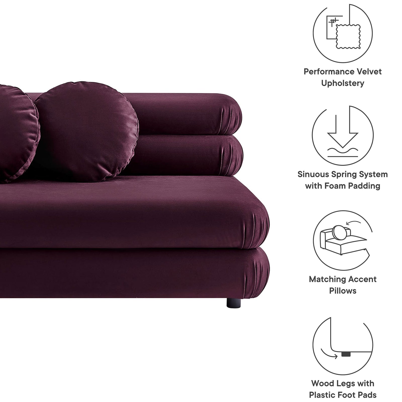 Mulberry velvet loveseat details with icons highlighting upholstery springs pillows and wood legs || EEI-6897-MUL || callout_studio