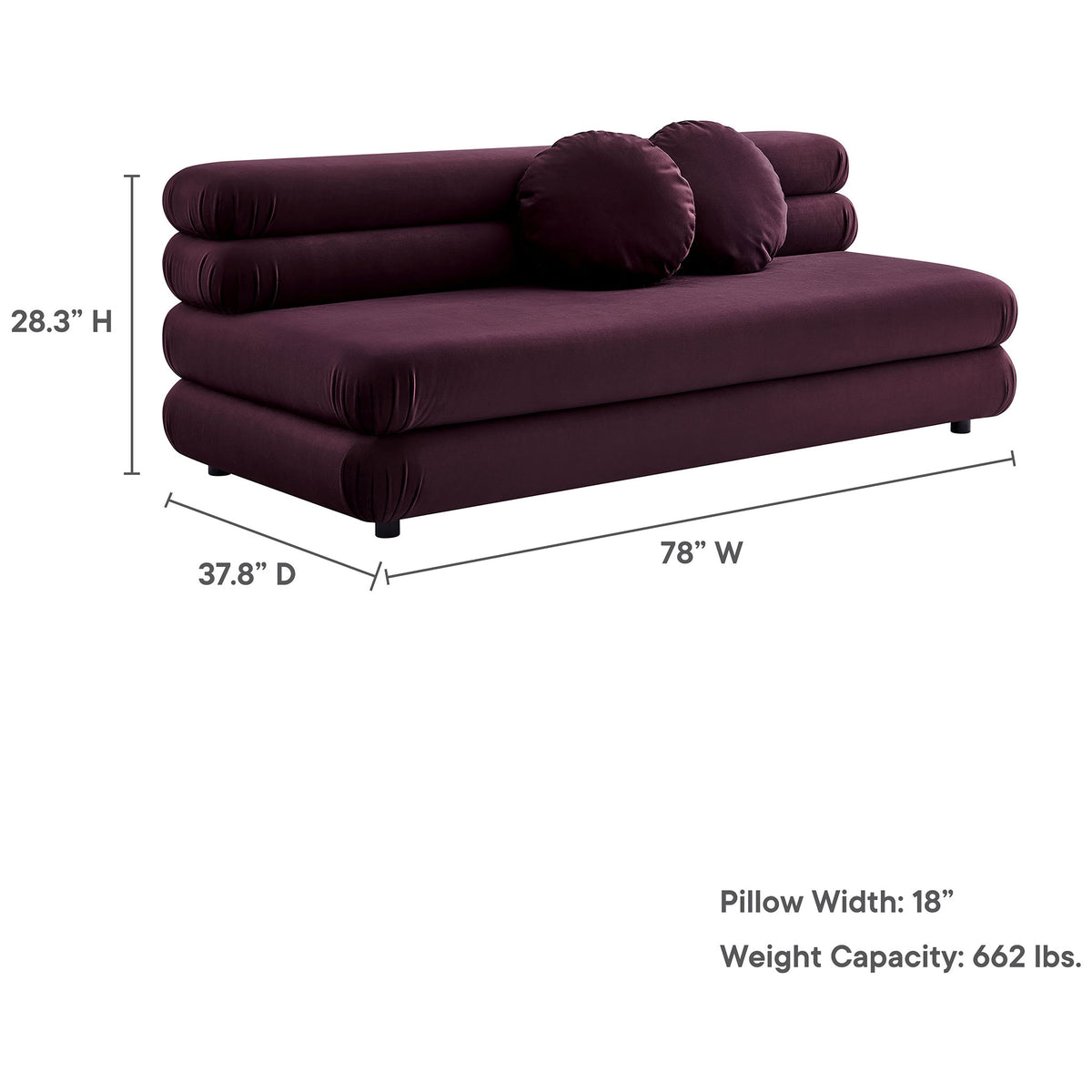 Dimension diagram of mulberry velvet loveseat including width depth height pillow size and weight capacity || EEI-6897-MUL || dimension_studio