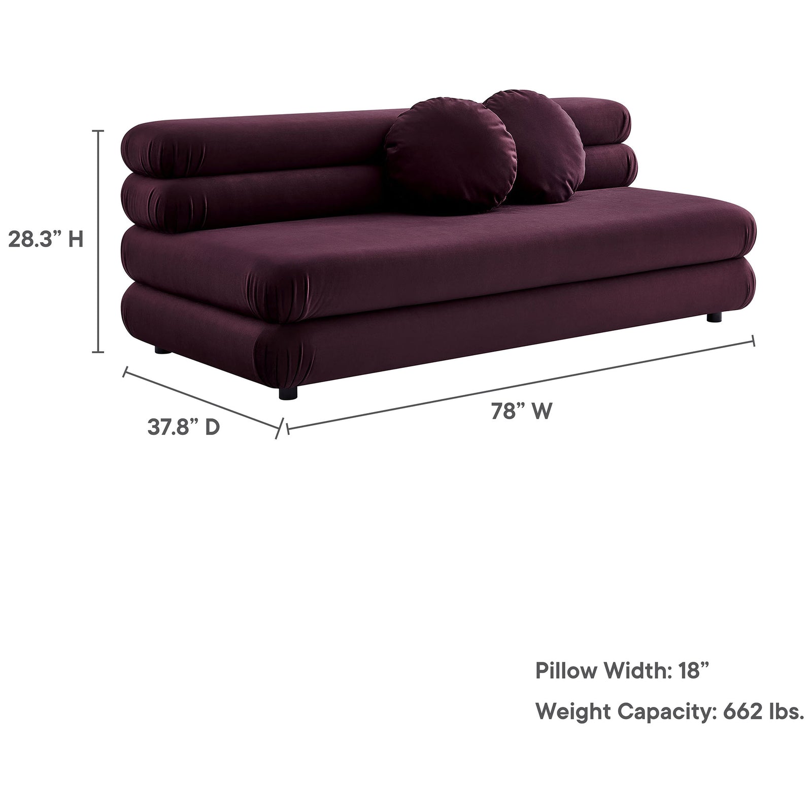 Dimension diagram of mulberry velvet loveseat including width depth height pillow size and weight capacity || EEI-6897-MUL || dimension_studio