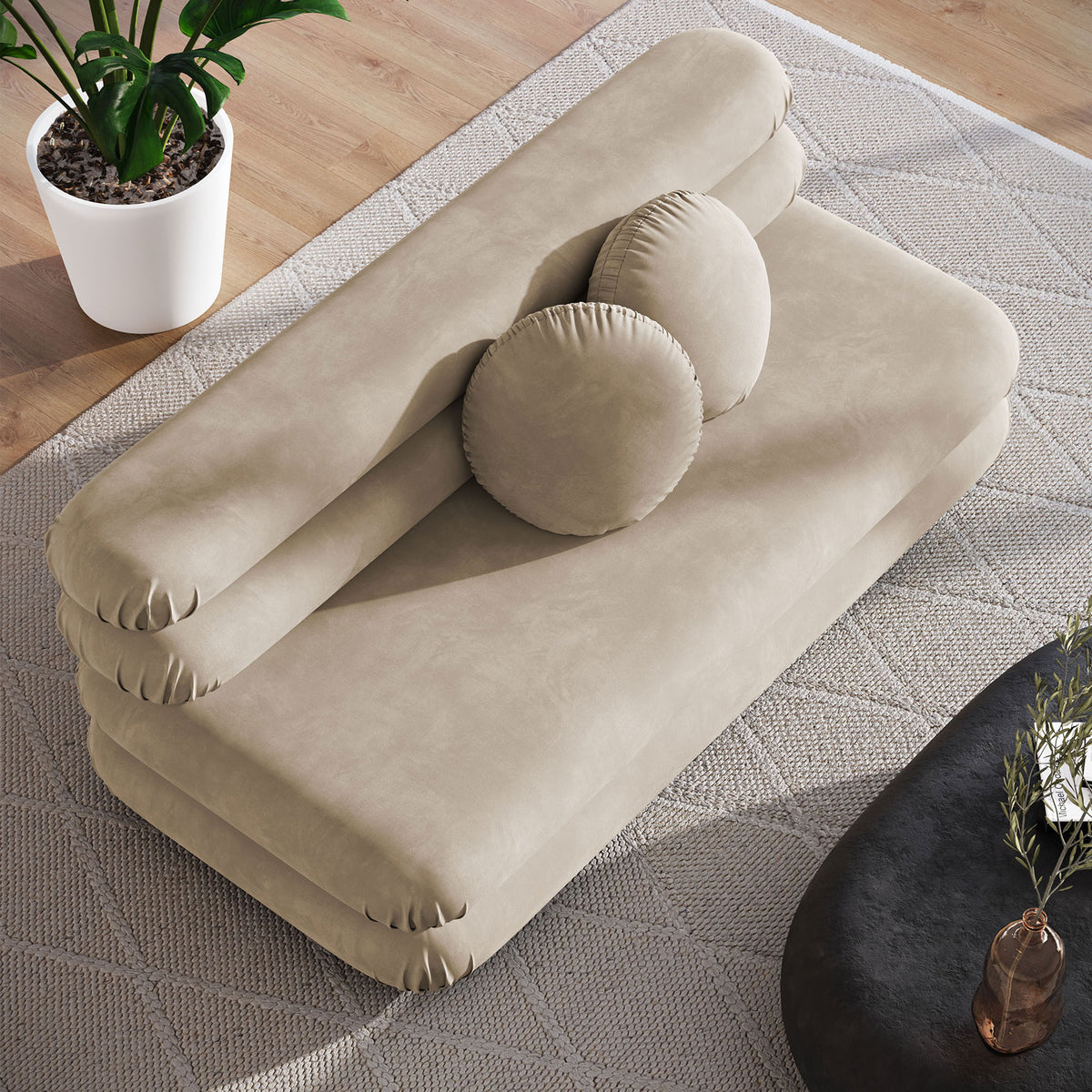Generous chaise-like seat and layered back cushions offer relaxed lounging on this taupe velvet loveseat || EEI-6897-TAU || top_angle_room