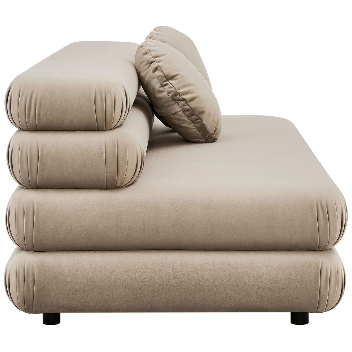Sleek armless loveseat showing the layered back and seat cushions wrapped in taupe performance velvet || EEI-6897-TAU || side_studio