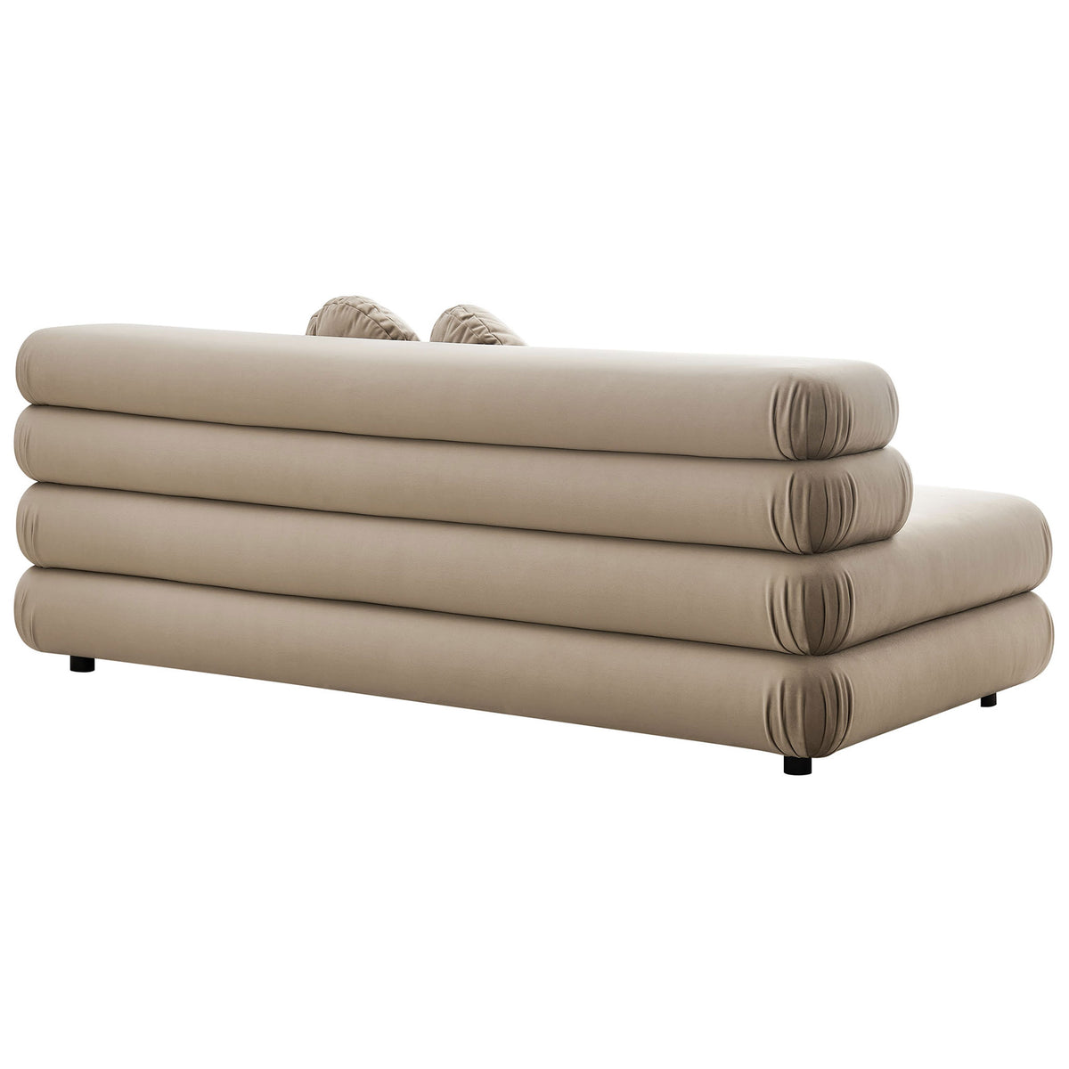 Rounded stacked back cushions create a sculptural silhouette on this taupe velvet modular loveseat || EEI-6897-TAU || back_angle_studio
