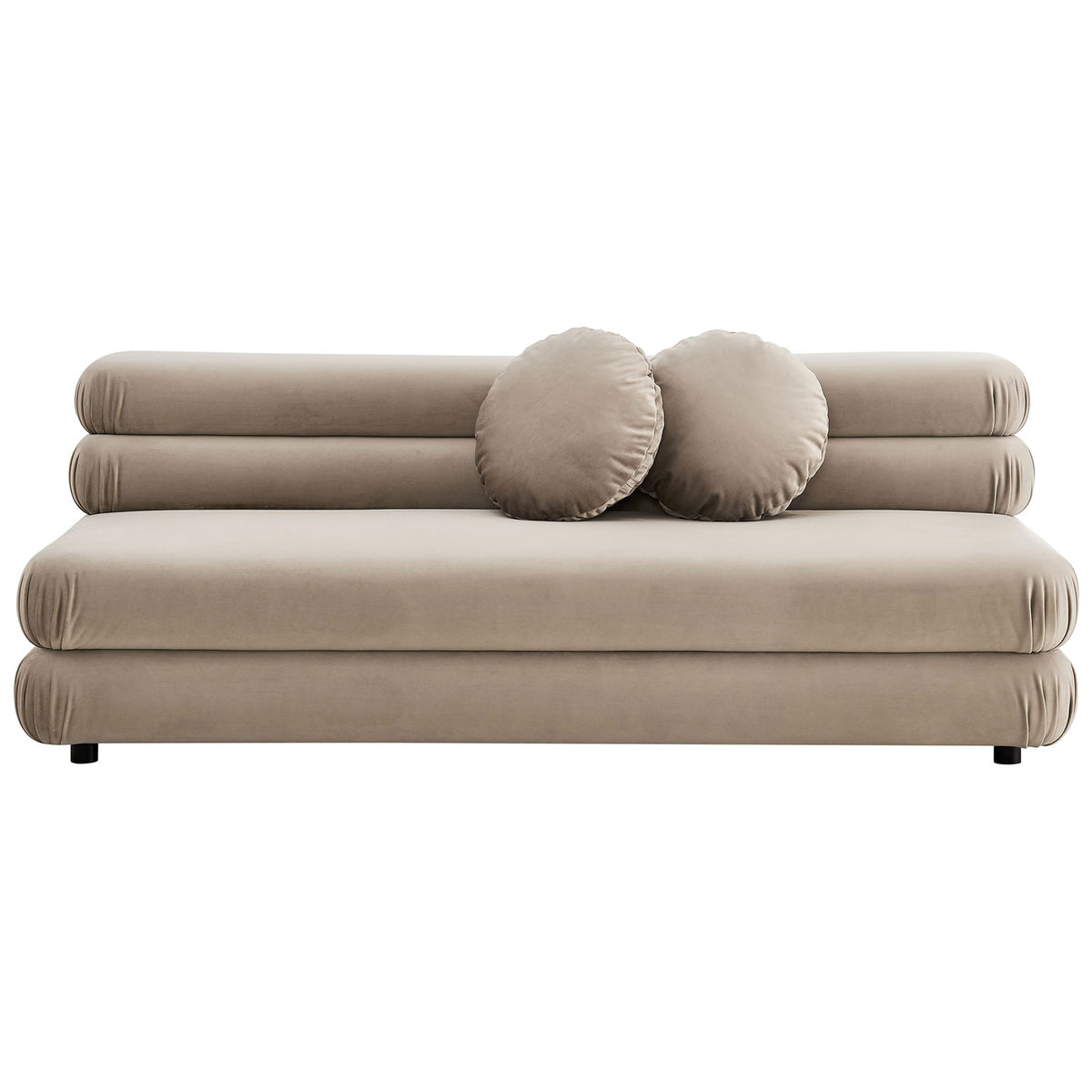 Taupe performance velvet armless loveseat with layered cushions and two round accent pillows || EEI-6897-TAU || front_studio