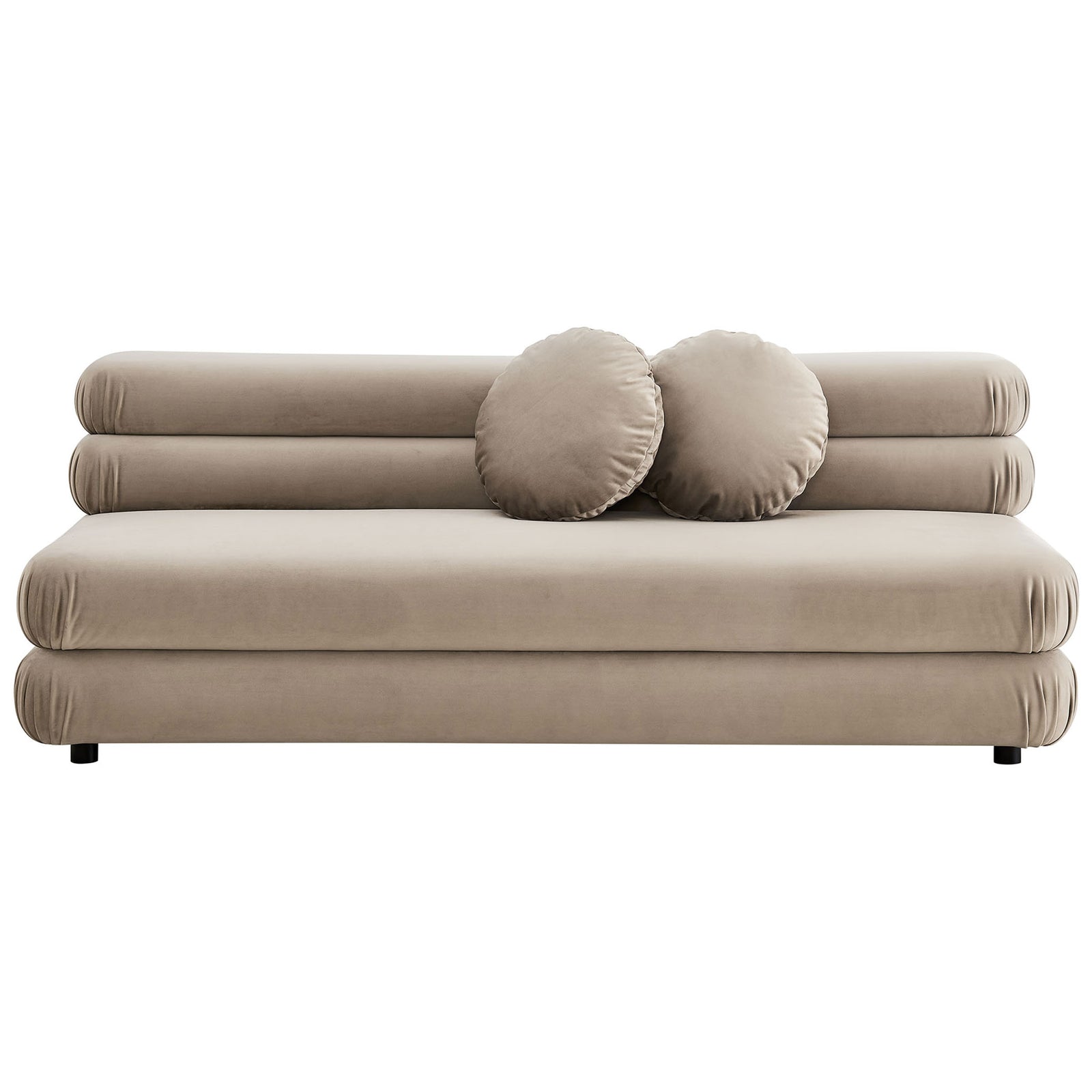 Taupe performance velvet armless loveseat with layered cushions and two round accent pillows || EEI-6897-TAU || front_studio