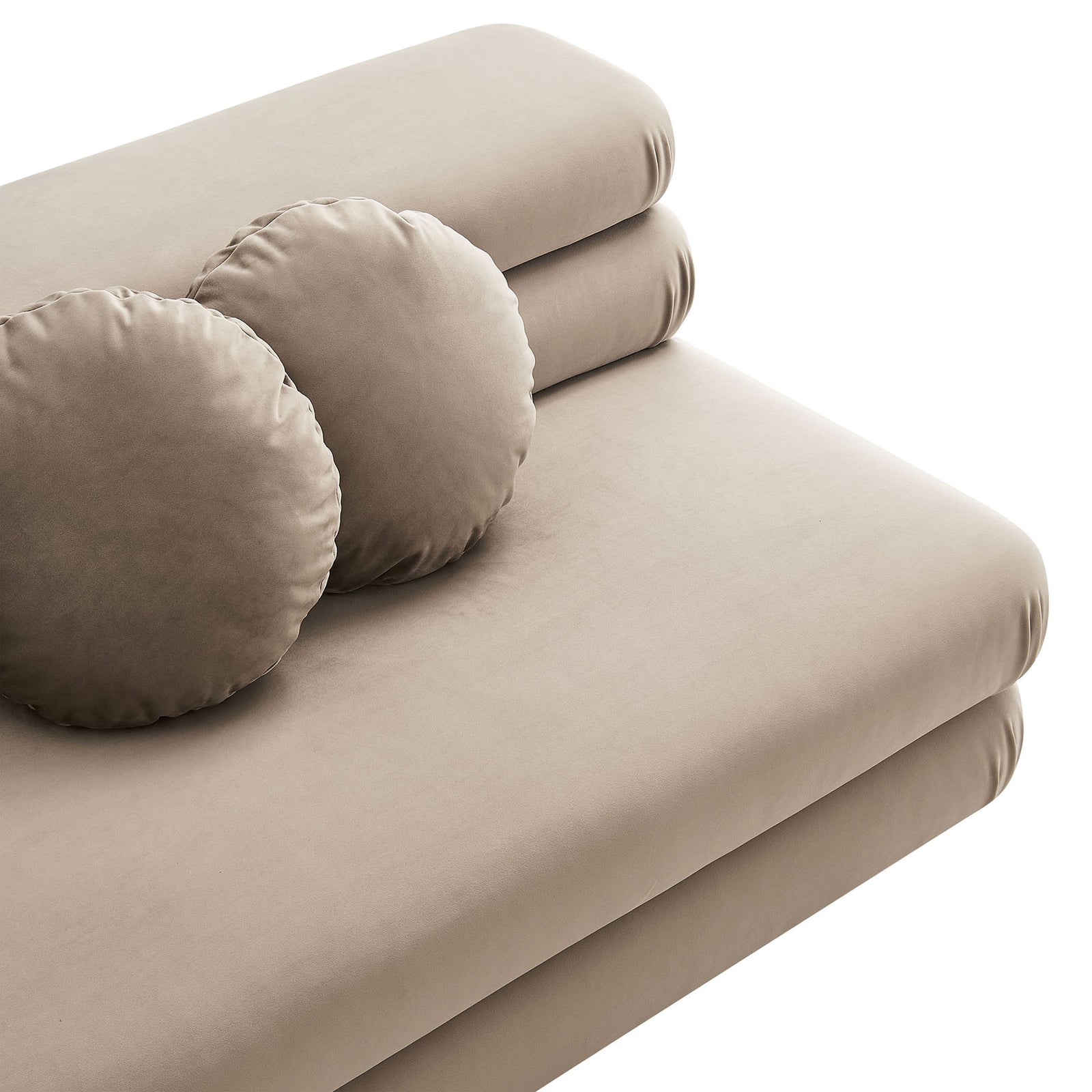Smooth taupe velvet seat with two generously padded round pillows for added comfort || EEI-6897-TAU || detail_studio