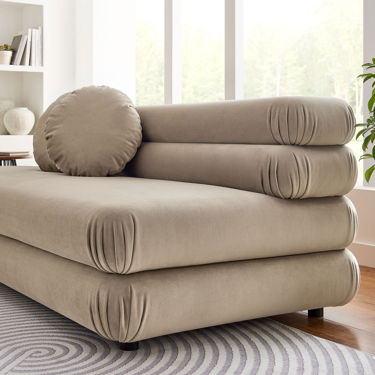 Taupe velvet modular loveseat adds plush, sculptural comfort to a modern living room || EEI-6897-TAU || detail_room