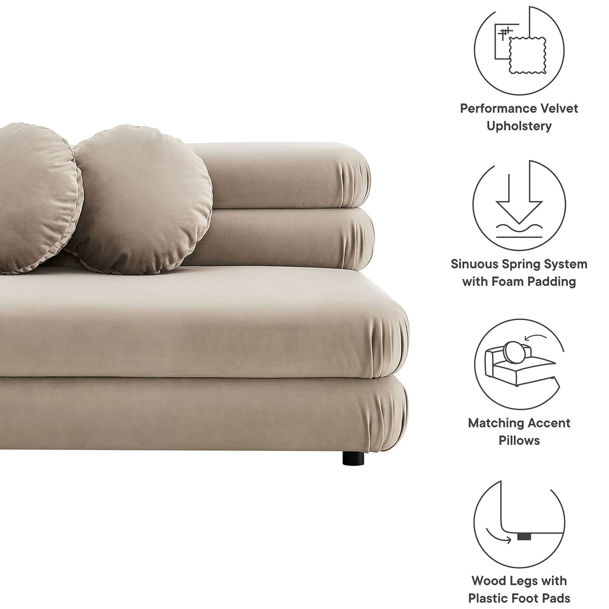 Performance velvet loveseat with sinuous spring support, matching round pillows, and protective floor pads || EEI-6897-TAU || callout_studio