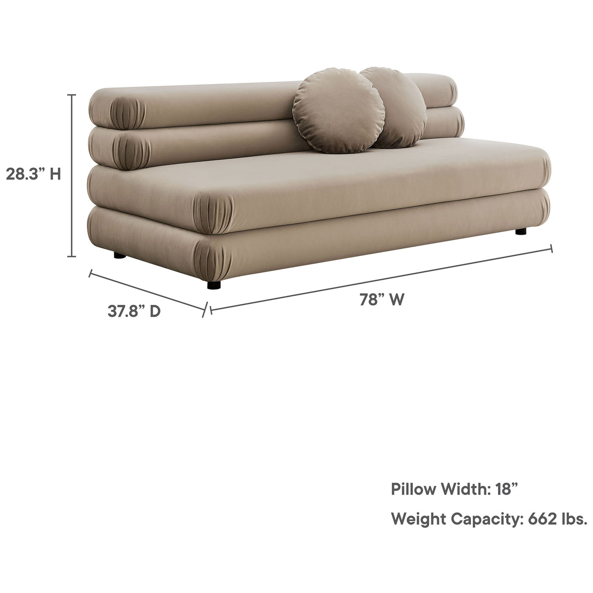 Spacious 78 inch wide taupe velvet loveseat with 18 inch round pillows and 662 pound weight capacity || EEI-6897-TAU || dimension_studio