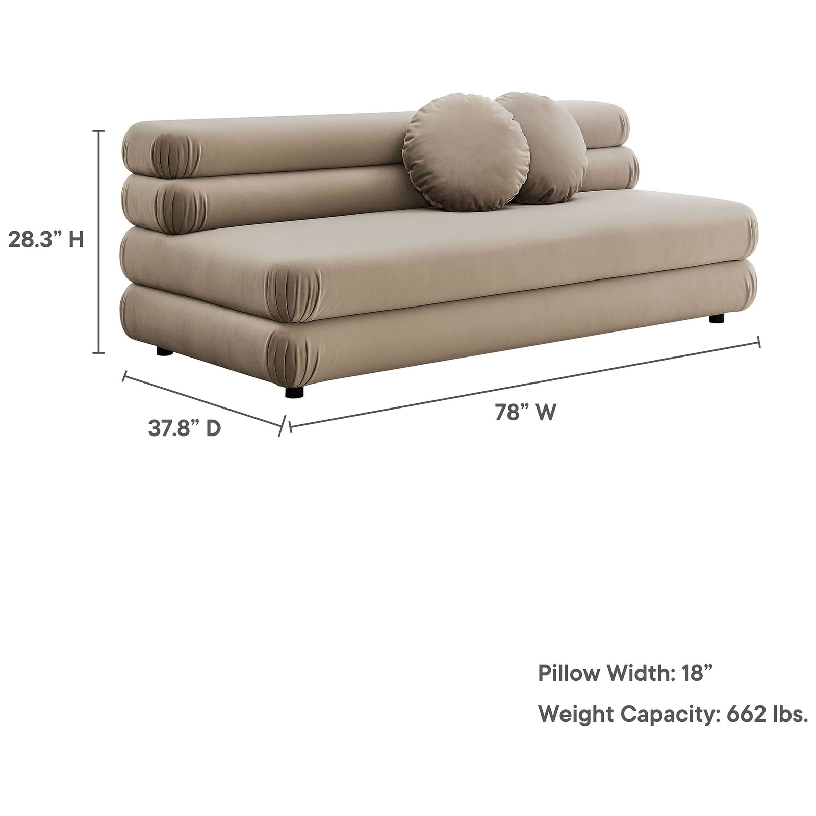 Spacious 78 inch wide taupe velvet loveseat with 18 inch round pillows and 662 pound weight capacity || EEI-6897-TAU || dimension_studio