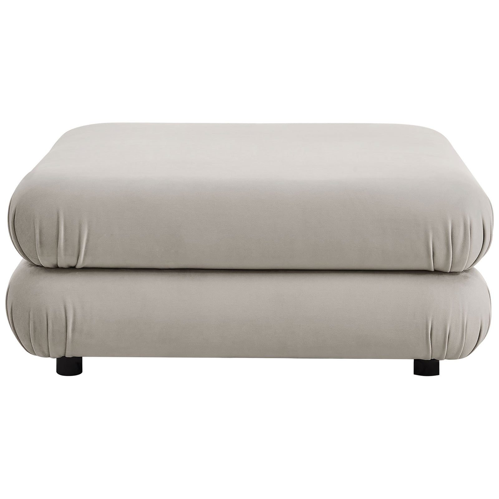 Square almond velvet ottoman showcasing the smooth tailored front and layered cushion design || EEI-6899-ALM || front_studio