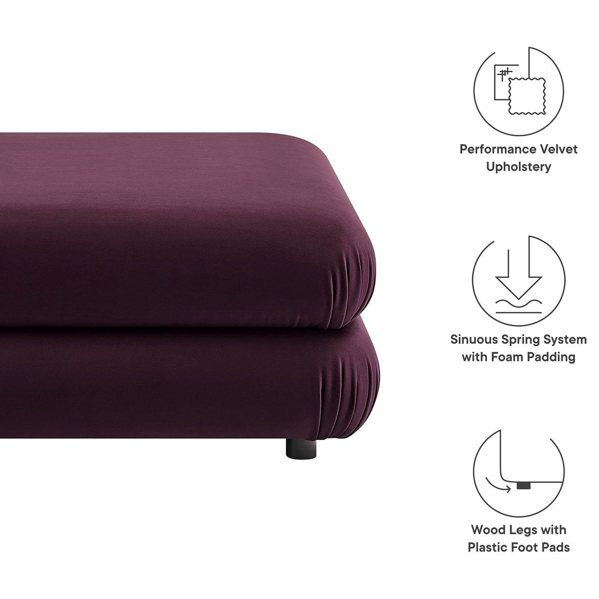 Features of the Jubilee ottoman including performance velvet upholstery, spring support, and wood legs with floor-protecting pads || EEI-6899-MUL || callout_studio