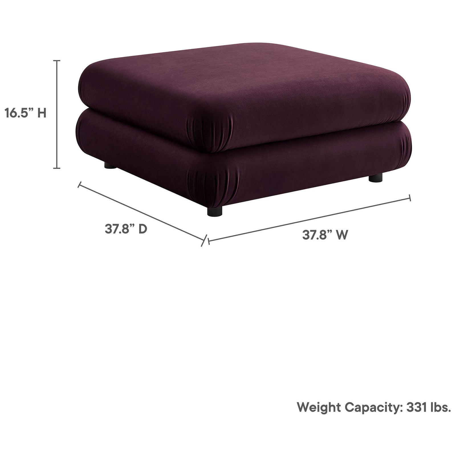 Dimensions and weight capacity for the Jubilee modular velvet ottoman, showing its generous square profile || EEI-6899-MUL || dimension_studio