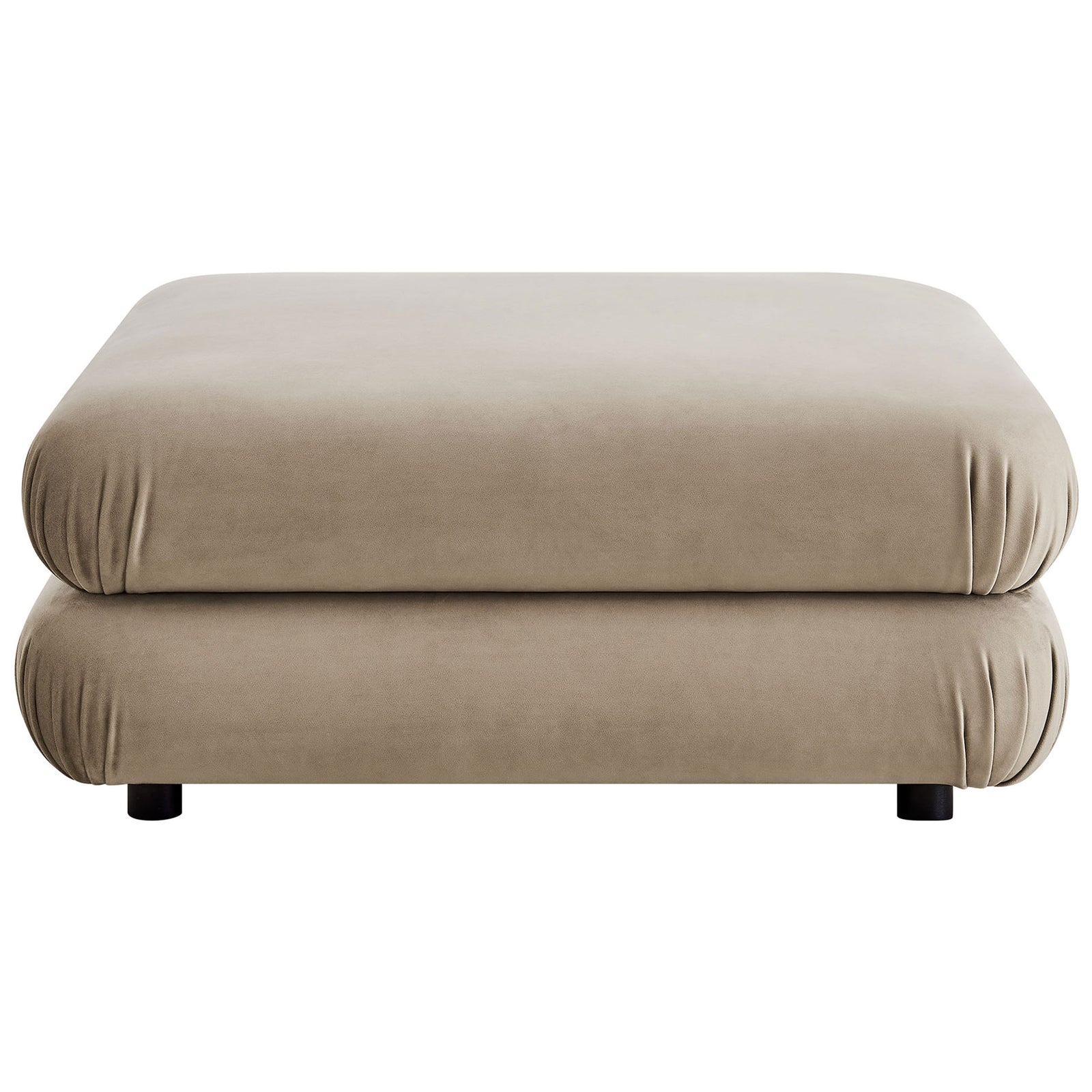 Low-profile taupe velvet ottoman with smooth top cushion and subtle gathered corners || EEI-6899-TAU || front_studio