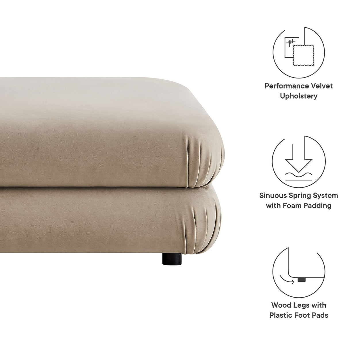Side view of velvet ottoman with icons highlighting performance fabric, spring support, and protective feet || EEI-6899-TAU || callout_studio
