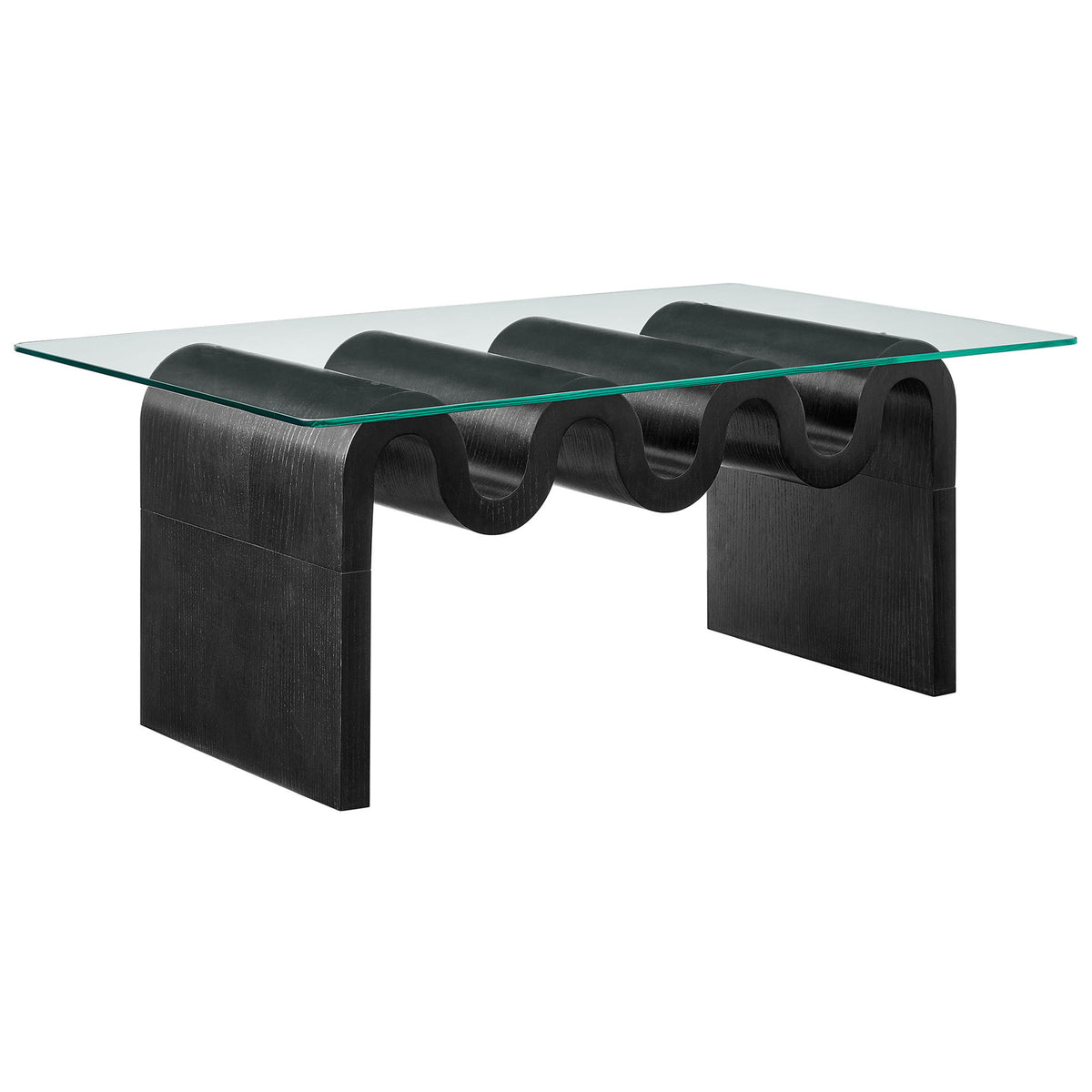 Curved wave base and clear glass top create an airy, modern coffee table with bold, fluid lines. || EEI-6900-BLK || front_angle_studio