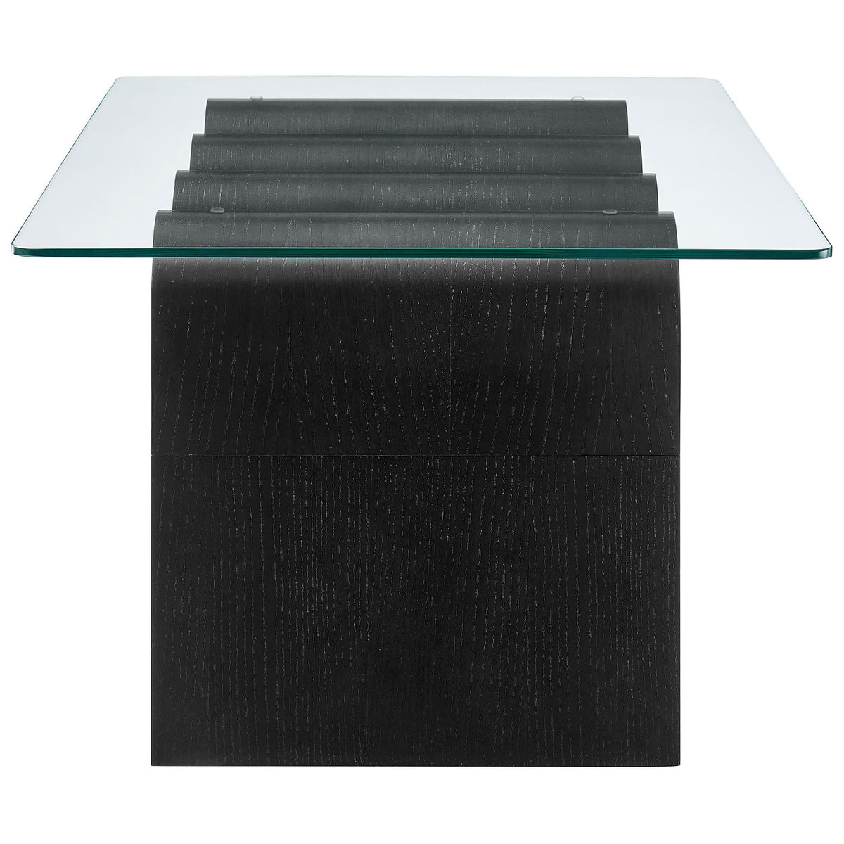Rippled wave profile showcases the thick tempered glass top and sleek black wood finish. || EEI-6900-BLK || side_studio