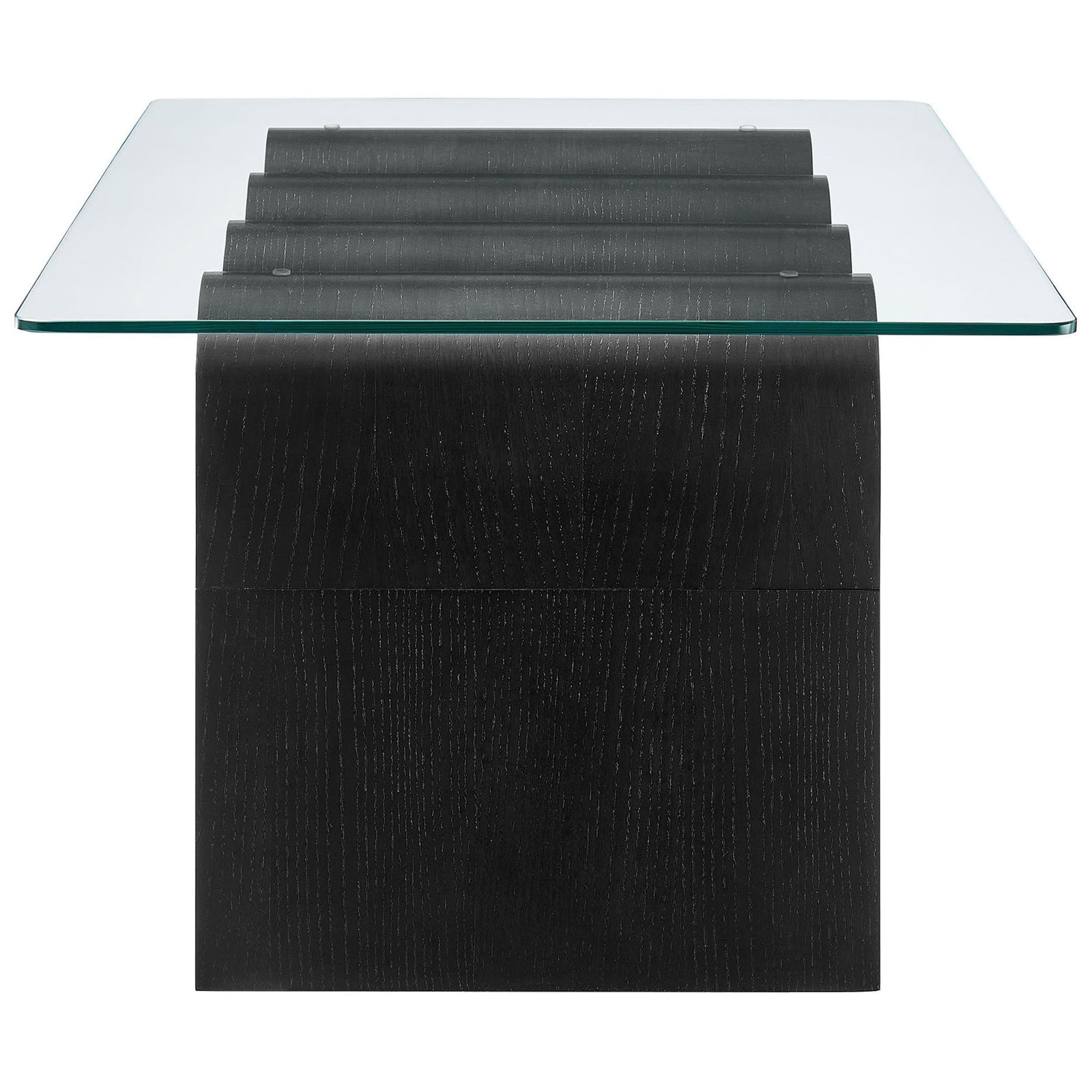 Rippled wave profile showcases the thick tempered glass top and sleek black wood finish. || EEI-6900-BLK || side_studio