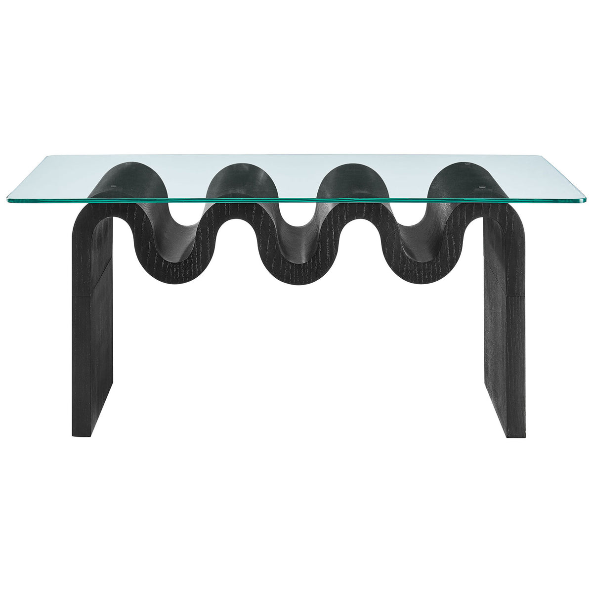 Clear tempered glass rests on a sculptural wavy black wood base with rich grain for a striking focal point. || EEI-6900-BLK || front_studio