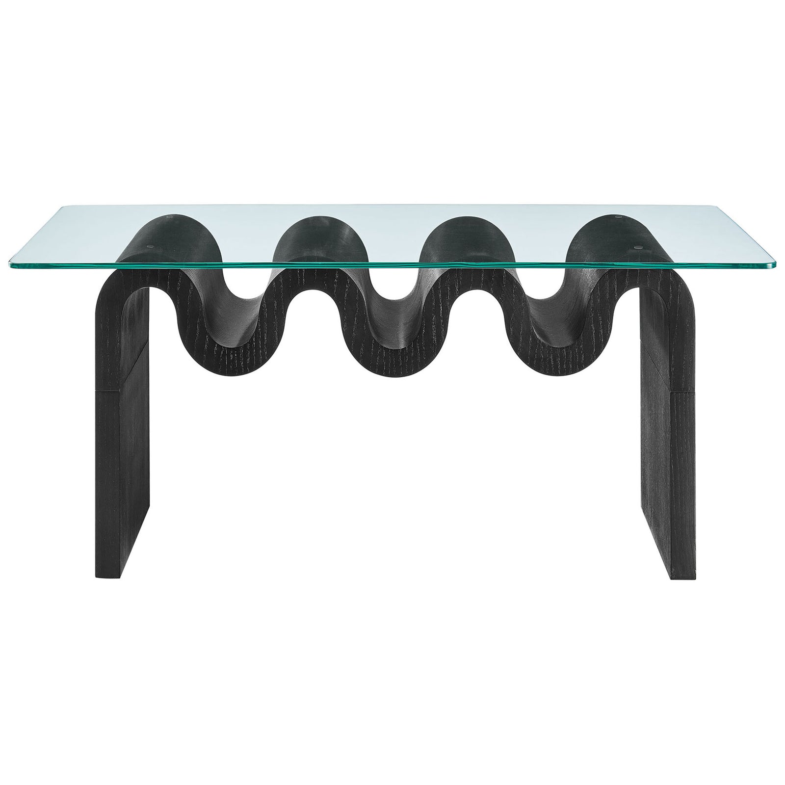 Clear tempered glass rests on a sculptural wavy black wood base with rich grain for a striking focal point. || EEI-6900-BLK || front_studio