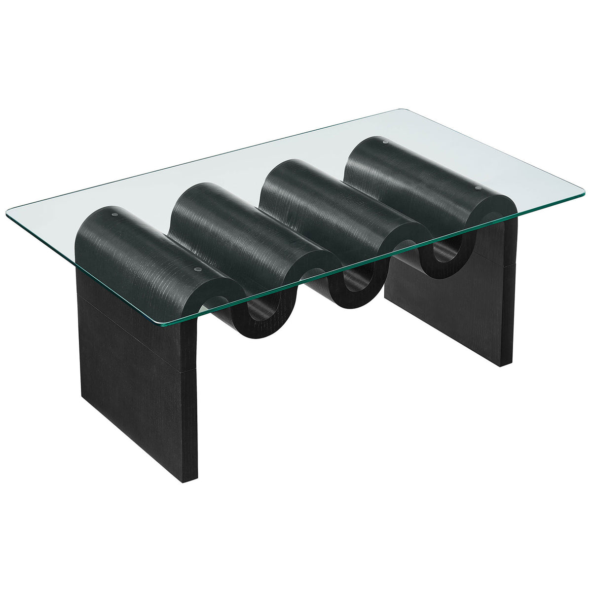 Tempered glass top with smooth corners reveals the dramatic undulating base beneath. || EEI-6900-BLK || front_angle_studio